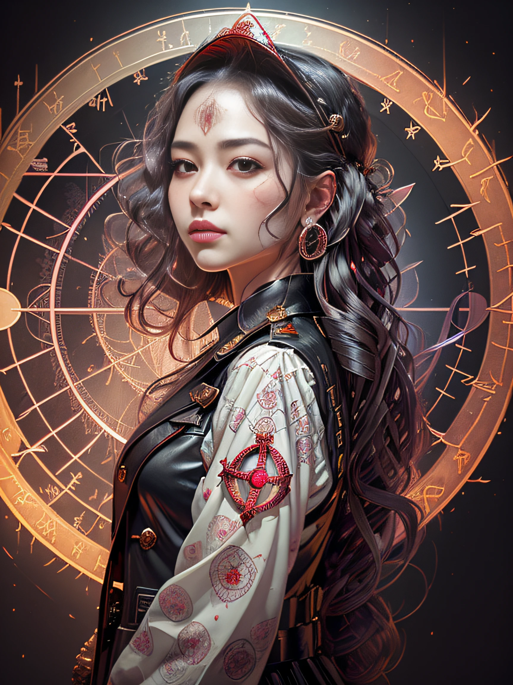 masterpiece, (best quality:1.1), (1girl), solo, cowboy shot, (finely detailed eyes and detailed face:1.3), (illustration:1.1), field of depth, (extremely fine and beautiful:1.1), (black trench coat + beautiful detailed black vest + white shirt:1.1 + black tie + black skirt + black flower on head + black gloves), (white_hair + medium_hair + wavy_hair), (red eyes:1.1),small_medium breasts, eyelashes, , pale skin, evil smile, beautiful detailed fallen small city + detailed ruin, many object, beautiful and clear background:1.2, renegade, evil, ((Red butterflies flying|around the character:1.3 + red light particles:1.15), ((perfect magic circle:1.3)), many object