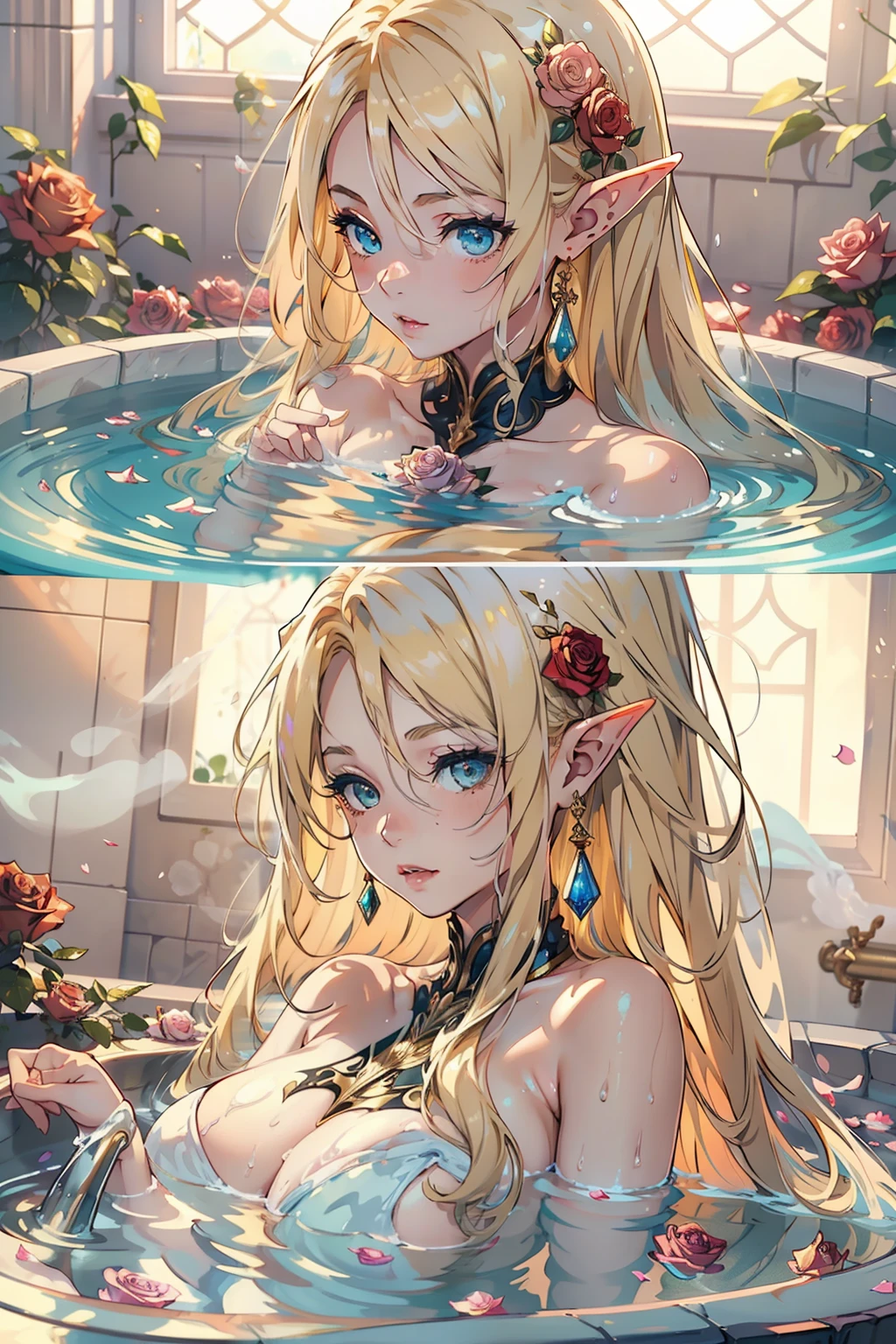 (nsfw 1.1), ((1girl)), ((masterpiece)), realistic, ((highly detailed:1.3)), beautiful elf princess bathing in a marble tub, ((very long blonde hair)), wet hair, wearing a sheer bathrobe, clothed bathing, ivorygoldai, royal palace bathroom setting, steam, ornate marble tub, (rose petals floating in water:1.3), early morning light, windows, crepuscular lighting, dynamic pose, dynamic angle,