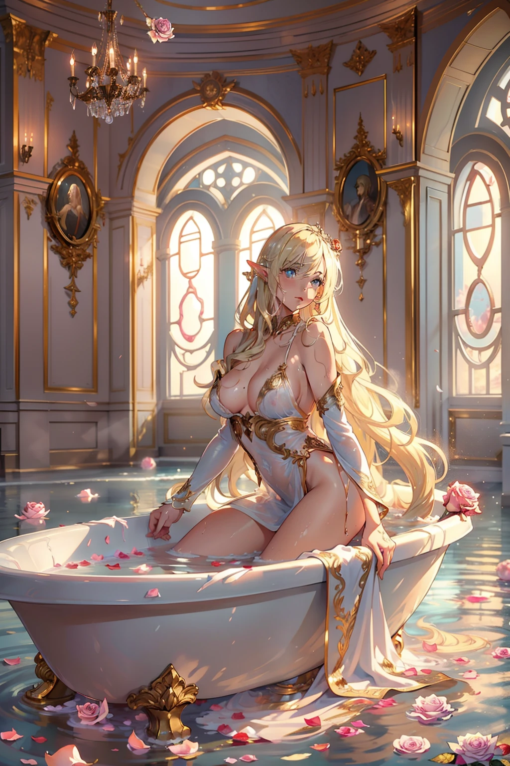 (nsfw 1.1), ((1girl)), ((masterpiece)), realistic, ((highly detailed:1.3)), beautiful elf princess bathing in a marble tub, ((very long blonde hair)), wet hair, wearing a sheer bathrobe, clothed bathing, ivorygoldai, royal palace bathroom setting, steam, ornate marble tub, (rose petals floating in water:1.3), early morning light, windows, crepuscular lighting, dynamic pose, dynamic angle,