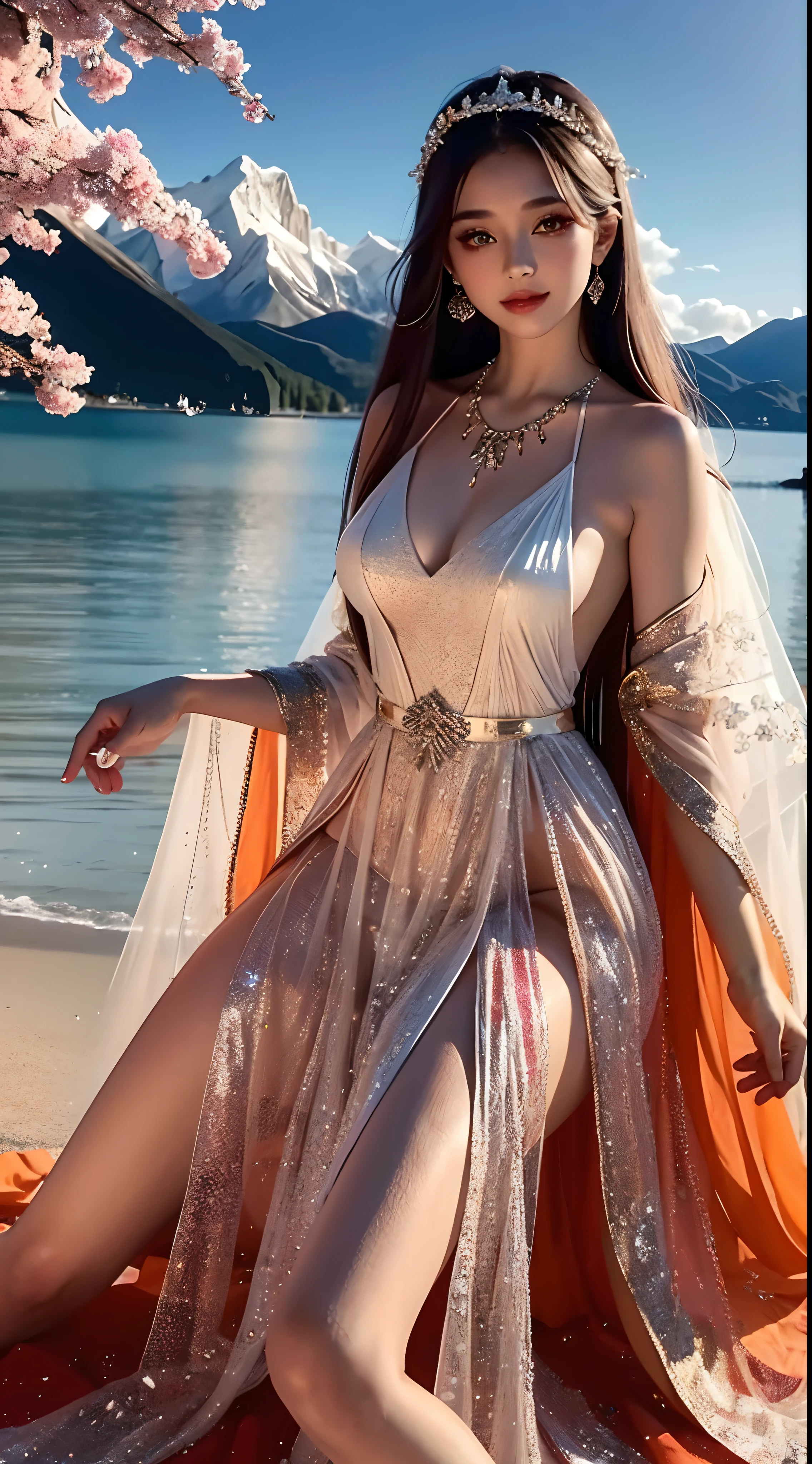 4K Ultra HD, Masterpiece, Cute s, Nice face, Detailed Eyes, Liquid Lipstick, Long hair, Hair spreading, necklaces, beautiful dress, long dress, Wedding dresses, Orange color, highlights, lighting effects, glittering, realistic background, Natural background, blossom, sunlights, mountains, Full-body capture,
