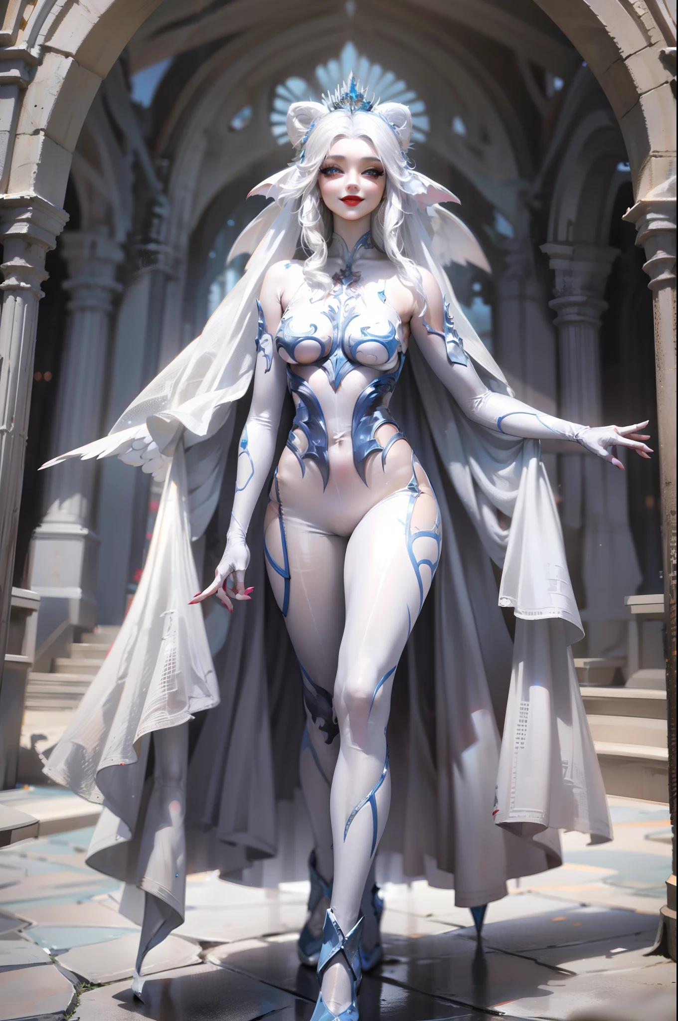 hydaelyn_tpa, 1girl, veil, white bodysuit, white wings, cape, lipstick, crown, smile, , highly detailed, absurdres, masterpiece,alone, walking, long dress