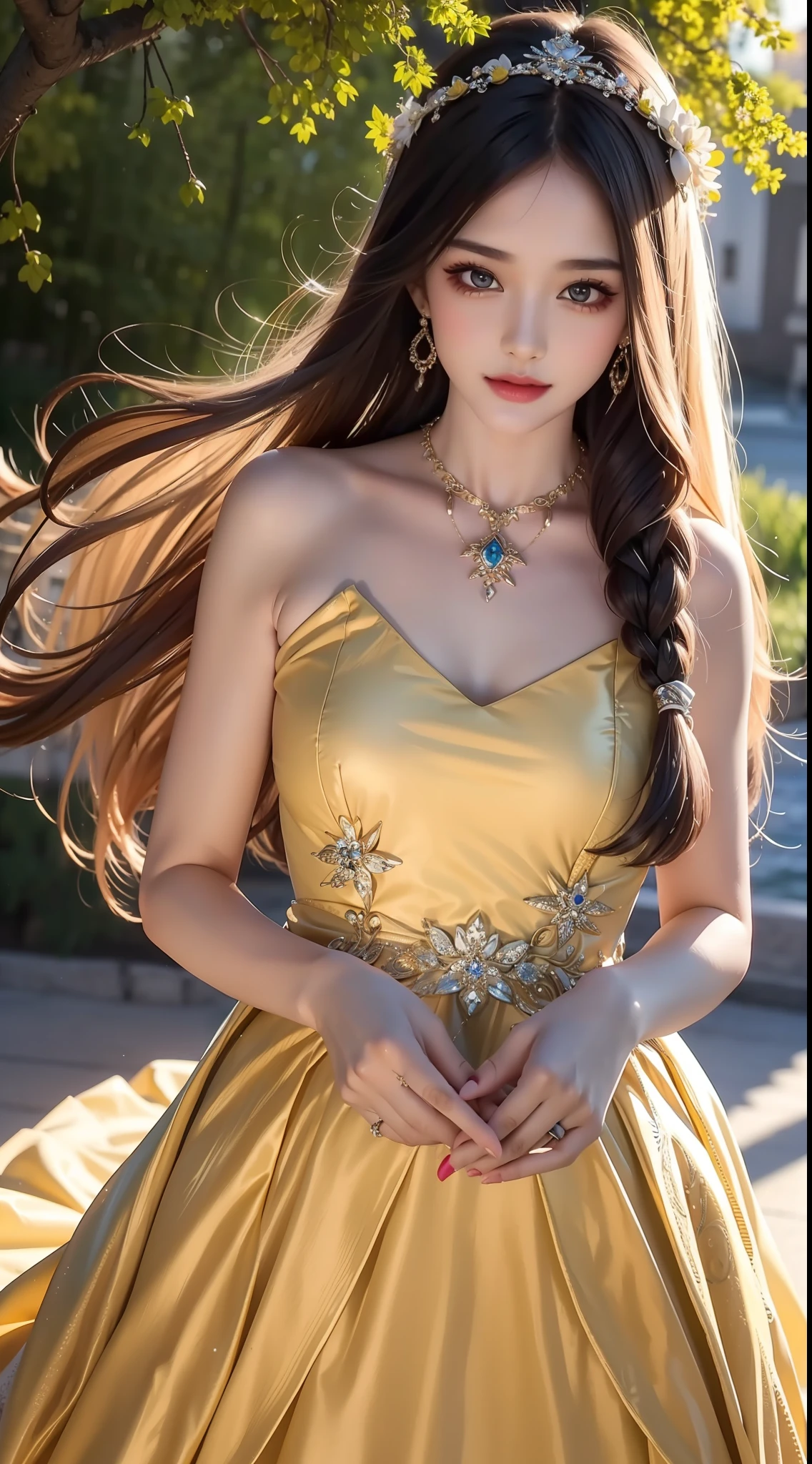 4K ultra hd, masterpiece, a cute girl, good face, detailed eyes, liquid lipstick, long hair, spreading hair, necklace, beaeutiful dress, long dress, marriage dress, yellow color, high lights, light effects, shining, realistic background, nature background, flowers, whole body capture,