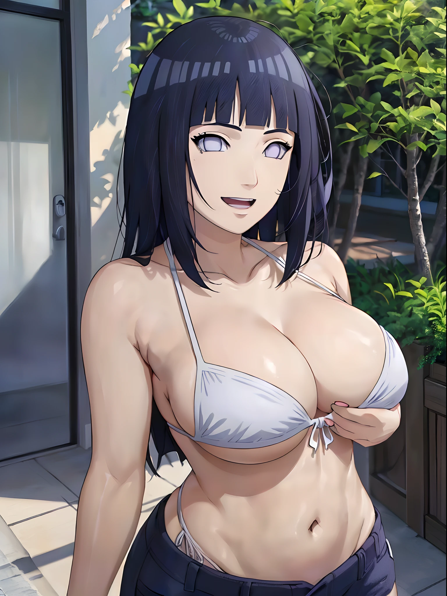 (masterpiece, 1k, anime style:1.9, (photo frame, detailed beach background, big breasts, big boobs, open mouth, high color saturation, bold lines, bold drawing lines, (strong arms, flat belly, groin, hands behind back), detailed bold arm lines), strong arms, strong light on body, plain, bare body, (large breasts, perky boobs), minimum clothing, taking off shirt, bare shoulders, bare chest, polished nails, seductive, (very tight plain white micro bikini), no shirt, showing off), hinata\(boruto\), mature female, sunbathing, milf, (curvy:0.8), solo, (long hair, hime cut), (dark blue hair color:1.1), white, flat belly, perfect eyes, white sciera, white eyes, anime eyes, smoky eyeliner, eyeshadow, perfect face, shy, sharp focus, professional artwork, intricate details, colorful, vibrant colors, vivid colors, digital blending, ultra detailed body, ultra detail hair, ultra detail face, trending on pixiv, smile, happy, very hot colors, sunny day, outdoor,