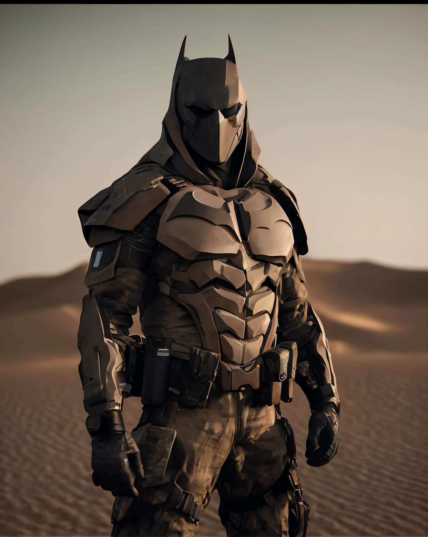 Batman no deserto com uma arma e armadura, desert breathing armor, dressed in tactical armor, Personagem pequeno. Motor Unreal 5, usando armadura pesada com capa, Mecha guerreiro futurista saudita, estilo dunar, coberto em armadura de metal completo, Criado em Unreal Engine 5, detalhado Motor Unreal 5 render, clothed in sci-fi military armor, Motor Unreal 5 altamente renderizado, fotografado em uma Canon EOS R5, Lente de 50mm, F/2.8, HDR, (8k) (papel de parede) (cinematic lighthing) (lighting dramatic) (foco nítido) (intrincado), Foto RAW, foto RAW, foto de gigachad, posing for the camera, jeans preto, Arms behind, 8k uhd, dslr, alta qualidade, grain of film, Fujifilm XT3, extremamente detalhada, fotorrealista, realista, incrivelmente absurdo, cybernetic 8k uhd, HDR10+