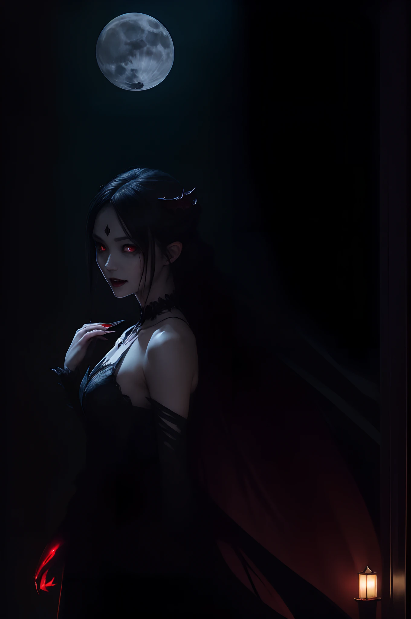 (((((Horror illustration))))), ((fantasy illustrations)), (((masuter piece))), ((dynamic ungle))、((eyes glowing red))、 ((Many monsters))), (Spirits)、(Monsters walking side by side at night)), (((Detailed background))),kuchiki、 (((Best Quality))), (((Best Illustration)))、 (((Best Shadow))), (((extremely delicate and beautiful)))、 (Back Light)、((Extremely delicate and beautiful)), (((a dark night)))、 ((Wind)), (Moonlight), (((1 Vampire)))、 Vampire、Succubus、 with large wings like a bat,,、(Black nails)、(long claws)、(Slender face)、 tiny chest, (((Fangs grow))), ((bleeding from the eyes,)),red eyes、 (half updo / Upstyle)、 ((Black Long Hair)), (Shiny hair), (((Jewelry Pearl Red Eyes)))、 (finely detail)、 (((Beautiful detailed girl))),tiny chest、 (((Moonlight))), Abundant bloom, (((Four seasons fold々The beauty of)))、 (dead wood)、(Withered flowers})、Baked doors、