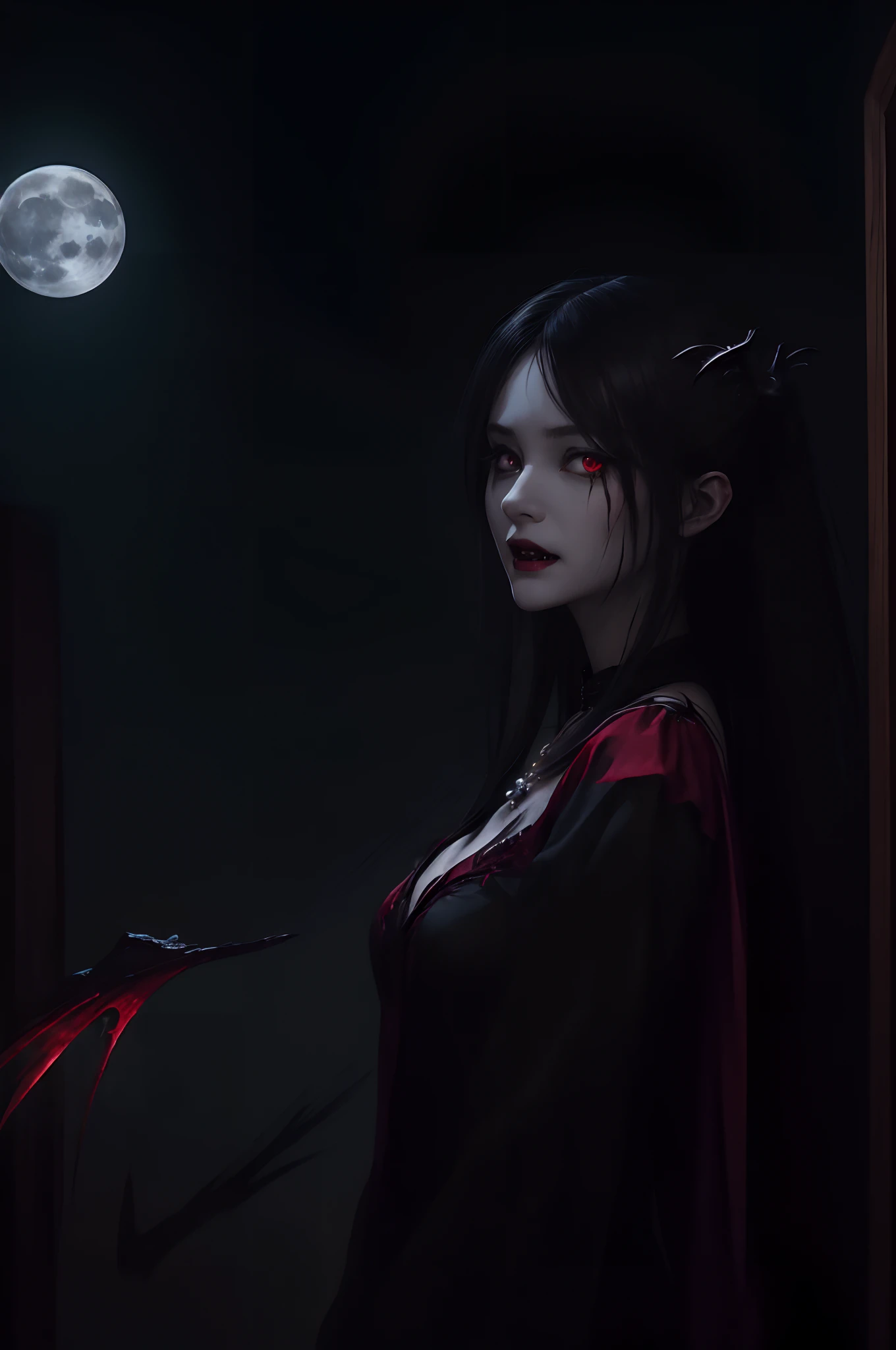 (((((Horror illustration))))), ((fantasy illustrations)), (((masuter piece))), ((dynamic ungle))、((eyes glowing red))、 ((Many monsters))), (Spirits)、(Monsters walking side by side at night)), (((Detailed background))),kuchiki、 (((Best Quality))), (((Best Illustration)))、 (((Best Shadow))), (((extremely delicate and beautiful)))、 (Back Light)、((Extremely delicate and beautiful)), (((a dark night)))、 ((Wind)), (Moonlight), (((1 Vampire)))、 Vampire、Succubus、 with large wings like a bat,,、(Black nails)、(long claws)、(Slender face)、 tiny chest, (((Fangs grow))), ((bleeding from the eyes,)),red eyes、 (half updo / Upstyle)、 ((Black Long Hair)), (Shiny hair), (((Jewelry Pearl Red Eyes)))、 (finely detail)、 (((Beautiful detailed girl))),tiny chest、 (((Moonlight))), Abundant bloom, (((Four seasons fold々The beauty of)))、 (dead wood)、(Withered flowers})、Baked doors、