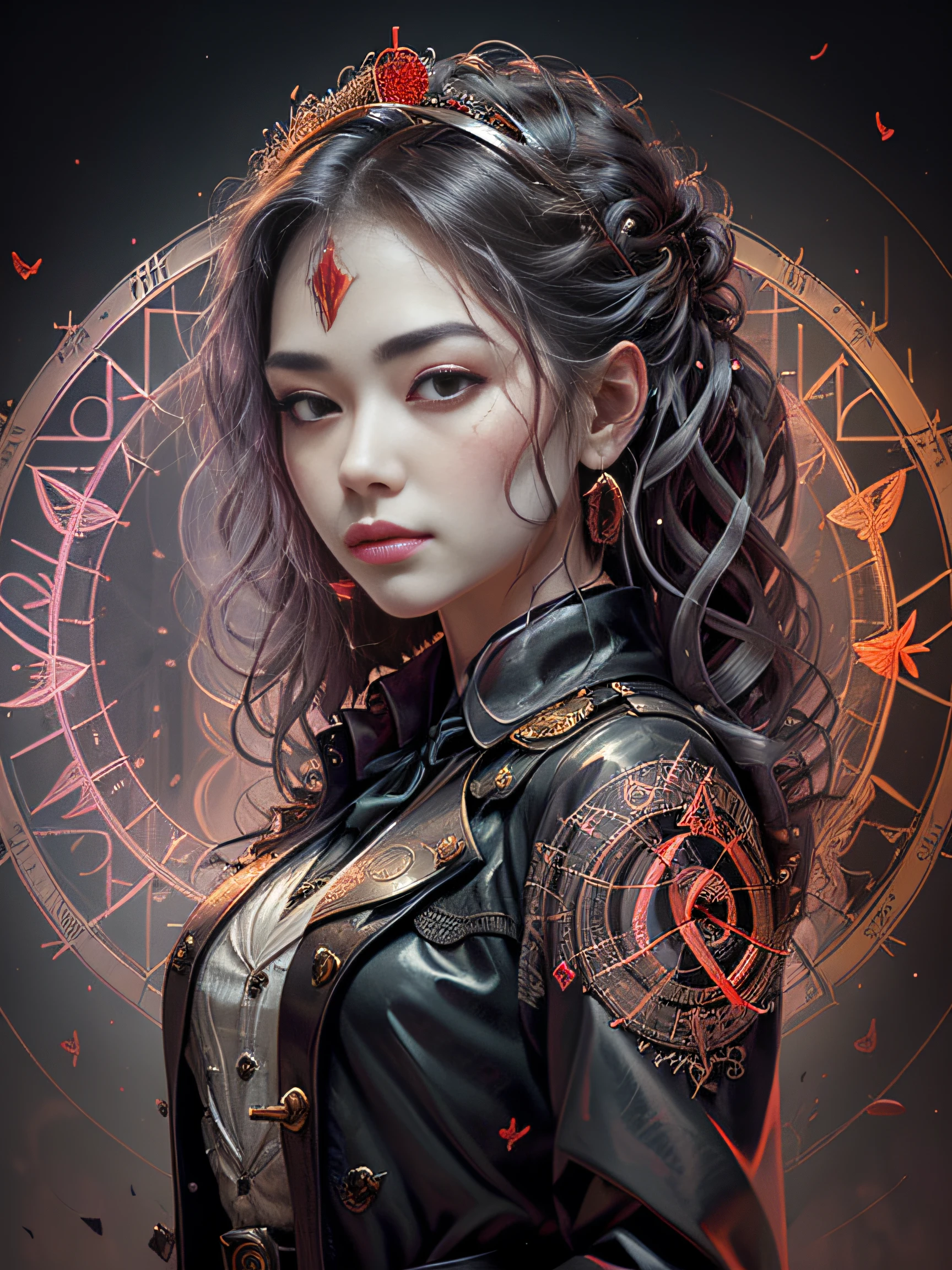 masterpiece, (best quality:1.1), (1girl), solo, cowboy shot, (finely detailed eyes and detailed face:1.3), (illustration:1.1), field of depth, (extremely fine and beautiful:1.1), (black trench coat + beautiful detailed black vest + white shirt:1.1 + black tie + black skirt + black flower on head + black gloves), (white_hair + medium_hair + wavy_hair), (red eyes:1.1),small_medium breasts, eyelashes, , pale skin, evil smile, beautiful detailed fallen small city + detailed ruin, many object, beautiful and clear background:1.2, renegade, evil, ((Red butterflies flying|around the character:1.3 + red light particles:1.15), ((perfect magic circle:1.3)), many object