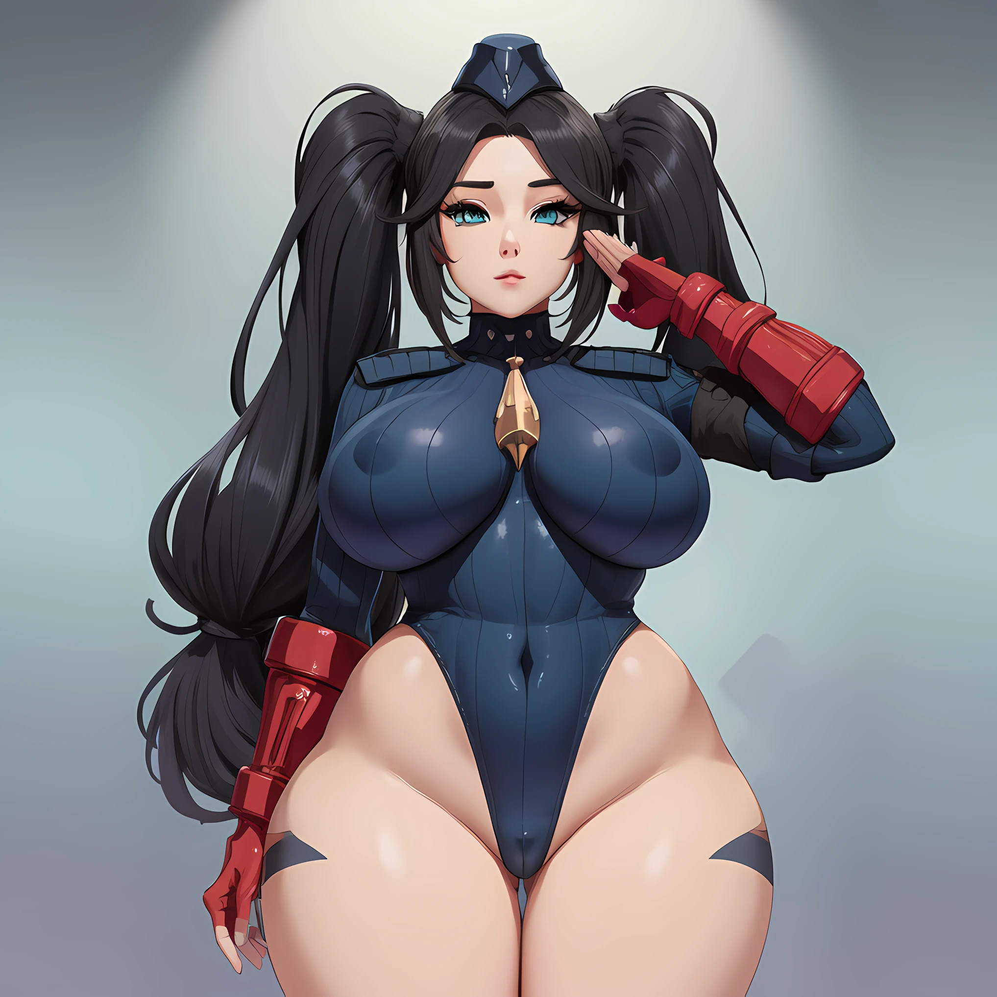 Mona from genshin impact with wide hips and a huge ass wearing a dollsuit and bodystockings, she is standing at attention and saluting, mona has been hypnotised to serve as a guard, her black hair is long and in twintails, the image is in stunning 8k and features platform heels, standing tall with confidence for a (fullbody commission:8k), mona is wearing skintight pantyhose that show of her thicc thighs, her aqua eyes are empty and lifeless, mona is standing in front of a line of other girls that have been hypnotised by an enemy to act as their mindless guards, her breasts are bigger than her head, mona is standing at attention showing off her curves and platform heels while saluting