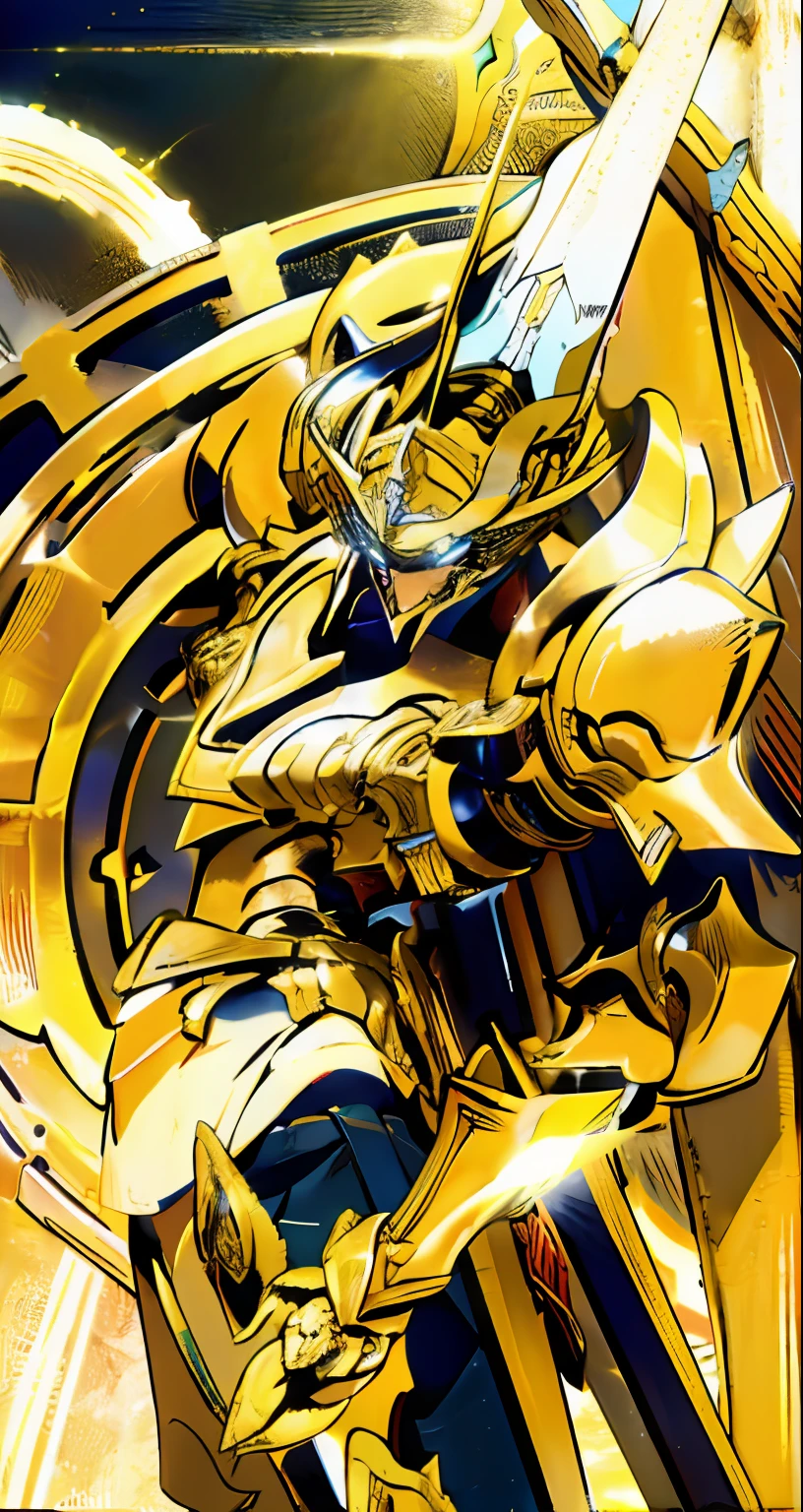 armaduras do e amarelo ,his hands hold a broad spear of heavy armor, Ali_Smoll,kalap,rmilitary uniform Amarelo, uma luz vermelha ardente: 1.2, os olhos emitem luz vermelha deslumbrante: 0.8, desenho bidimensional 3D, The yellow military robe near his shoulders sways in the wind, desenho de anime, Chiaroscuro, efeitos especiais de luz, mecha detalhado e requintado, Military cap on head, fonte de luz nos olhos, Retrato frontal, corpo inteiro
