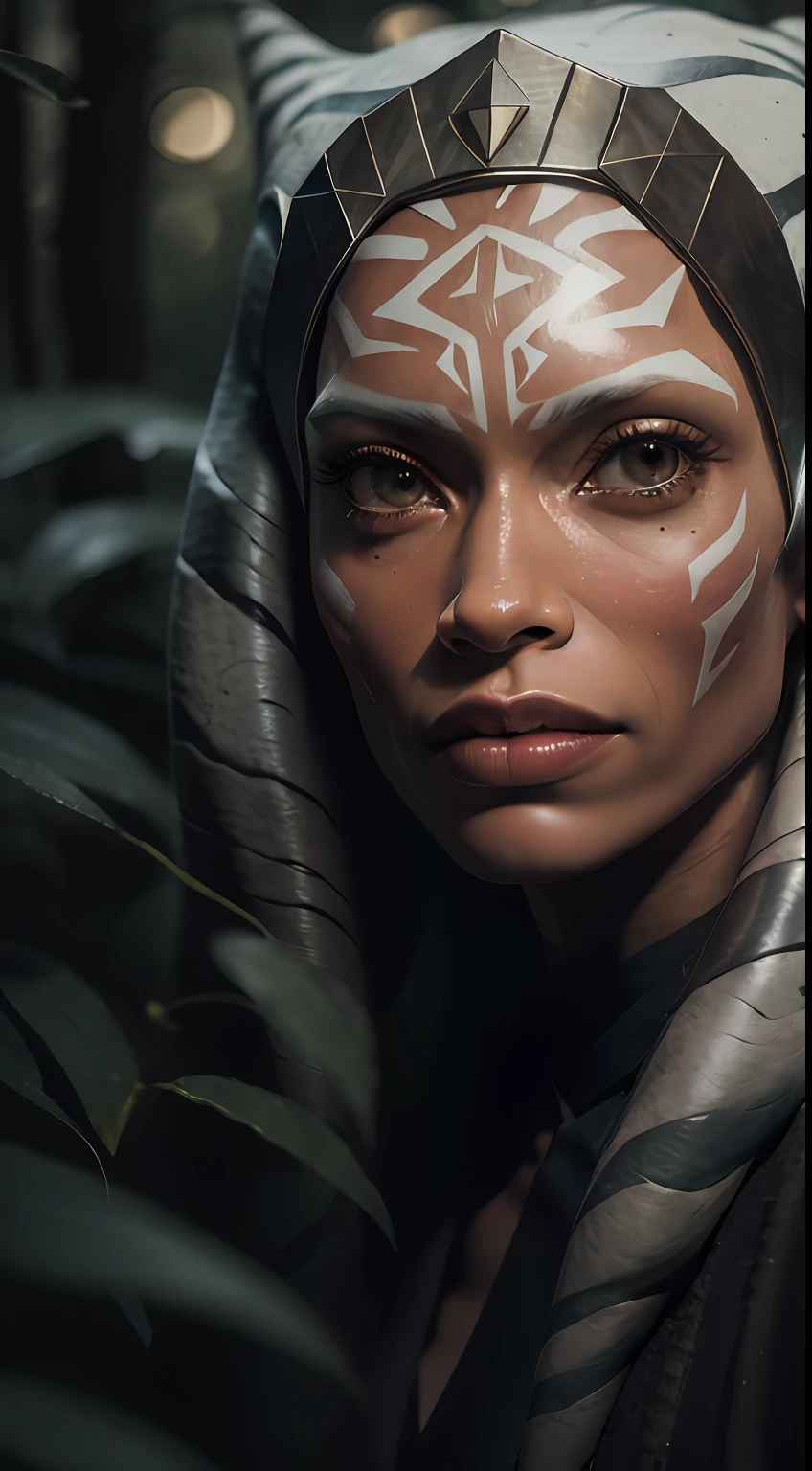 ahsokatano woman, rosario dawson in dark forest,  smirk, Photorealistic, Hyperrealistic, Hyperdetailed, analog style, hip cocked, demure, low cut, detailed skin, matte skin, soft lighting, subsurface scattering, realistic, heavy shadow, masterpiece, best quality, ultra realistic, 8k, golden ratio, Intricate, High Detail, film photography, soft focus