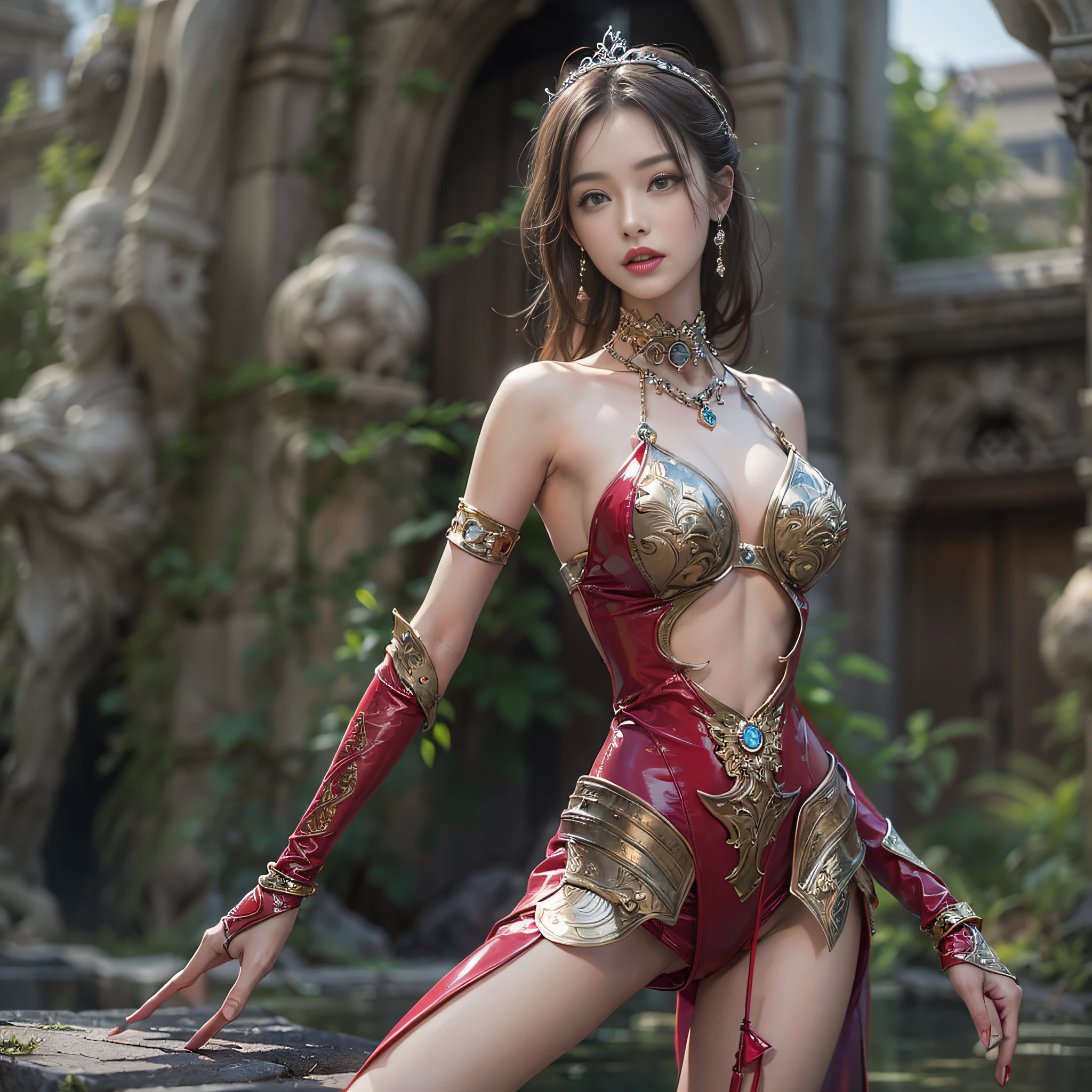 ((masterpiece:1.4)、(top-quality:1.4)、(reallistic:1.7))、Beautiful girl strolling in the garden of fantastic ancient city、Sexy Daughter、Super beautiful girl、1girl in:1.4、Dress like a queen、Glossy luxury latex、Luxury Latex Bodysuit、By Luis Royo、age19、Super Ultra Ultra Bikini、Outstanding style、(Two legs are drawn correctly:1.7)、(Two arms:1.4)、anatomical correct、Slender Abs、(beauty legs:1.4)、beautiful countenance、kawaii faces、Beautiful ass、A detailed eye、beautidful eyes、Raw photo、red-lips、Red high heels、a choker、a necklace、耳Nipple Ring、Fantasy of an ancient city、Fantasy worldview