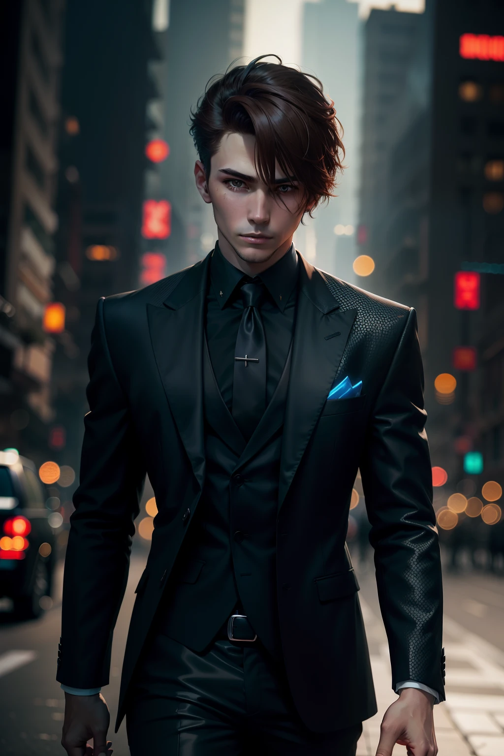 cyber punk style,Background bokeh。of a guy,dressed in a suit,It looks very delicate,brown hair,The expression is cold
