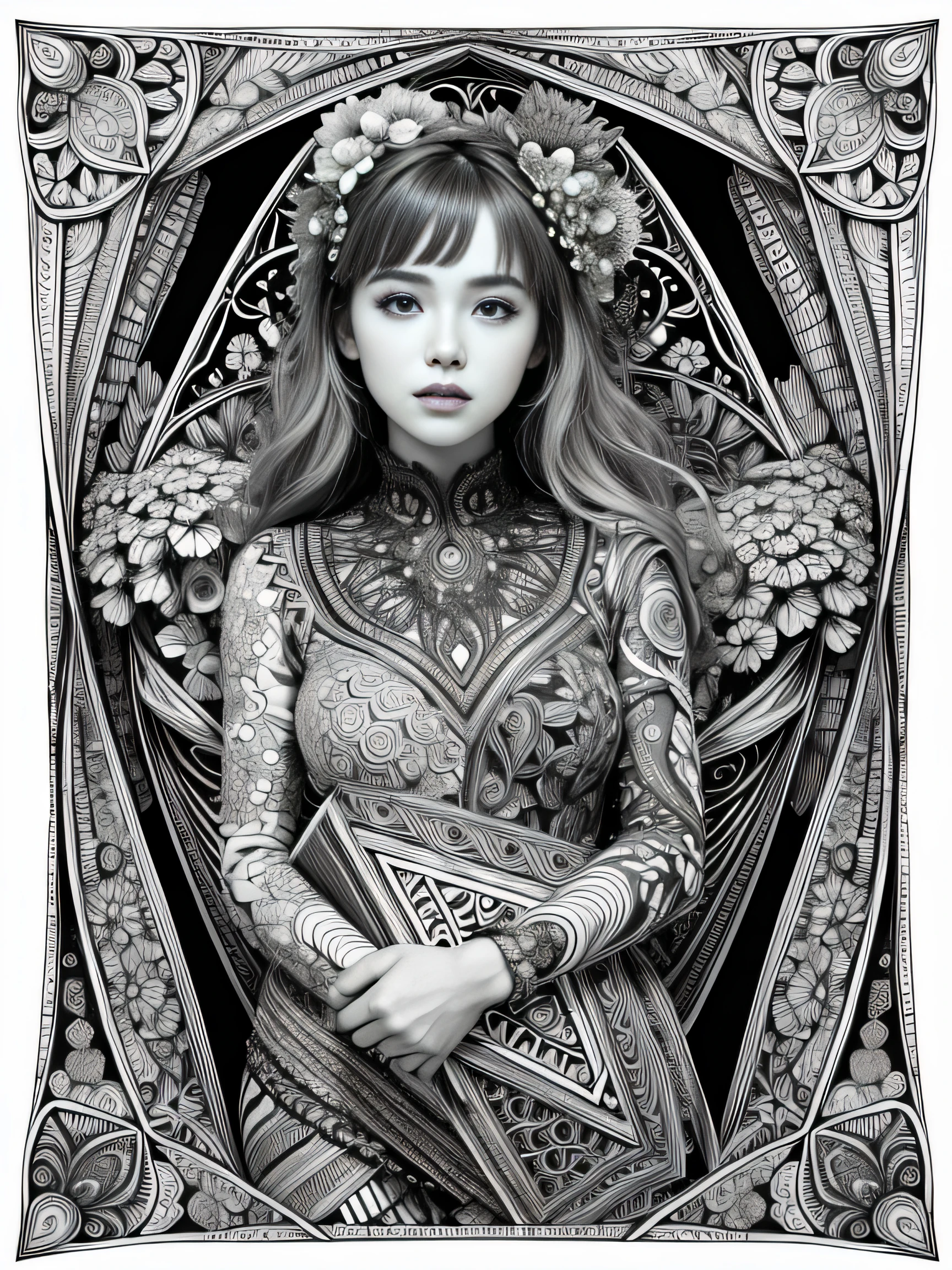 absurdres, highres, ultra detailed, (ultra-detailed background, detailed background), extremly detailed, 1girl, bunch of flowers, (zentangle:1.2), (geometric:1.2),