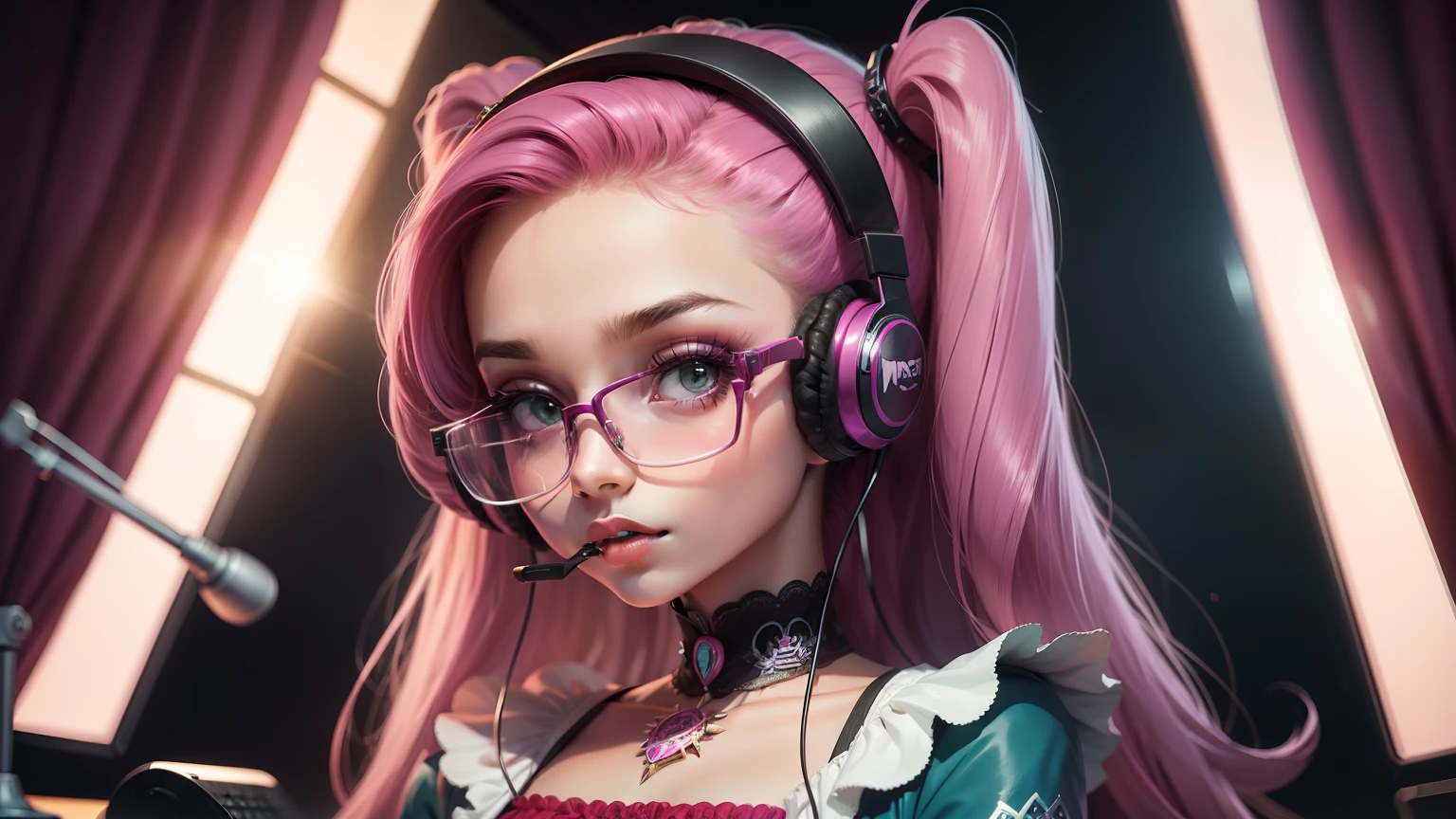 Girl with glasses, headset e roupa rosa mexendo no computador. Estilo Monster High