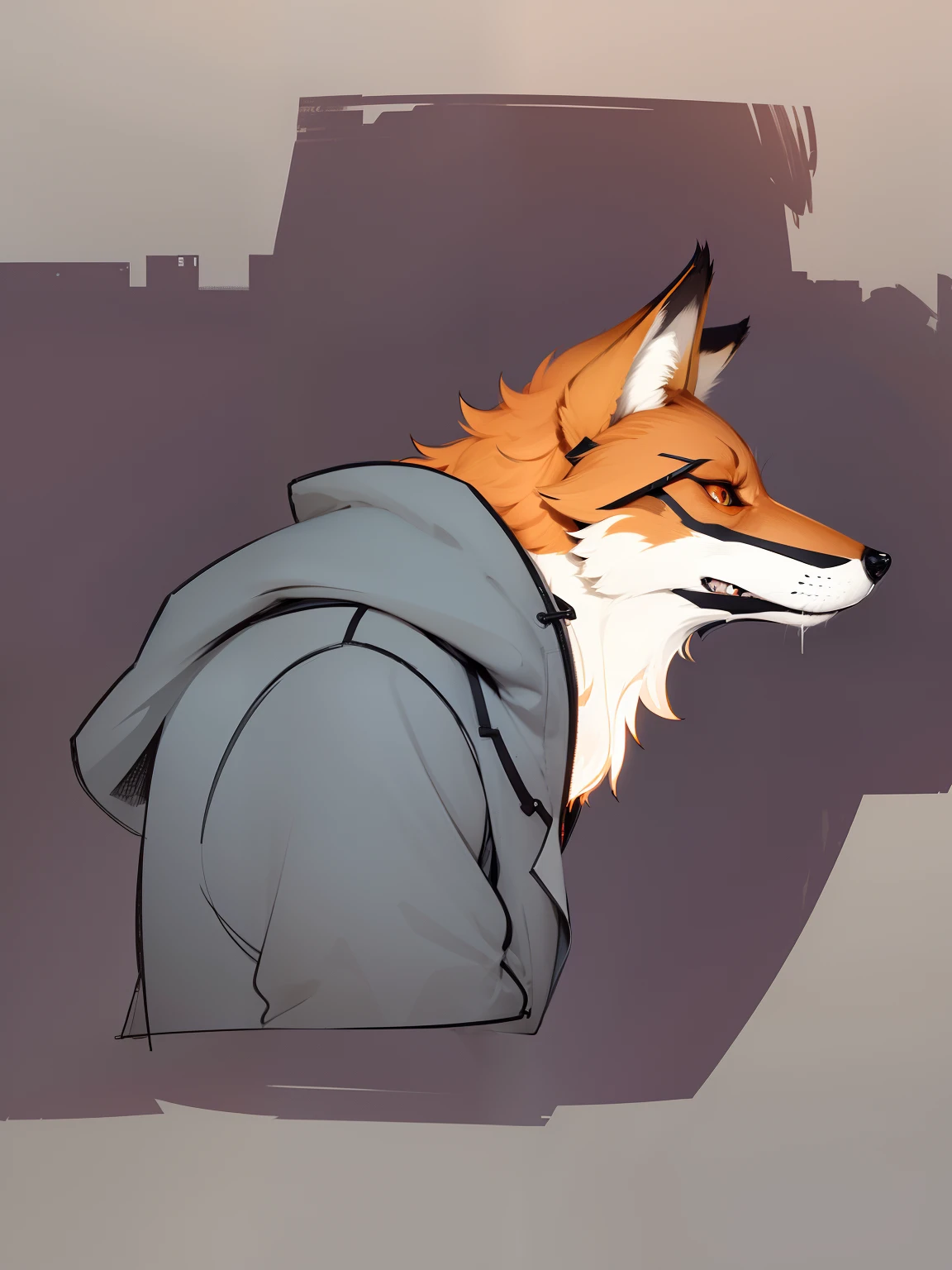 there is a drawing of a fox wearing a hoodie, an anthropomorphic cyberpunk fox, an anthropomorphic fox, anthropomorphic fox, an anthro fox, stylised fox - like appearance, digital fox, fox in a lab coat, stern looking fox in a lab coat, tonic the fox, portrait of an anthro fox, part fox