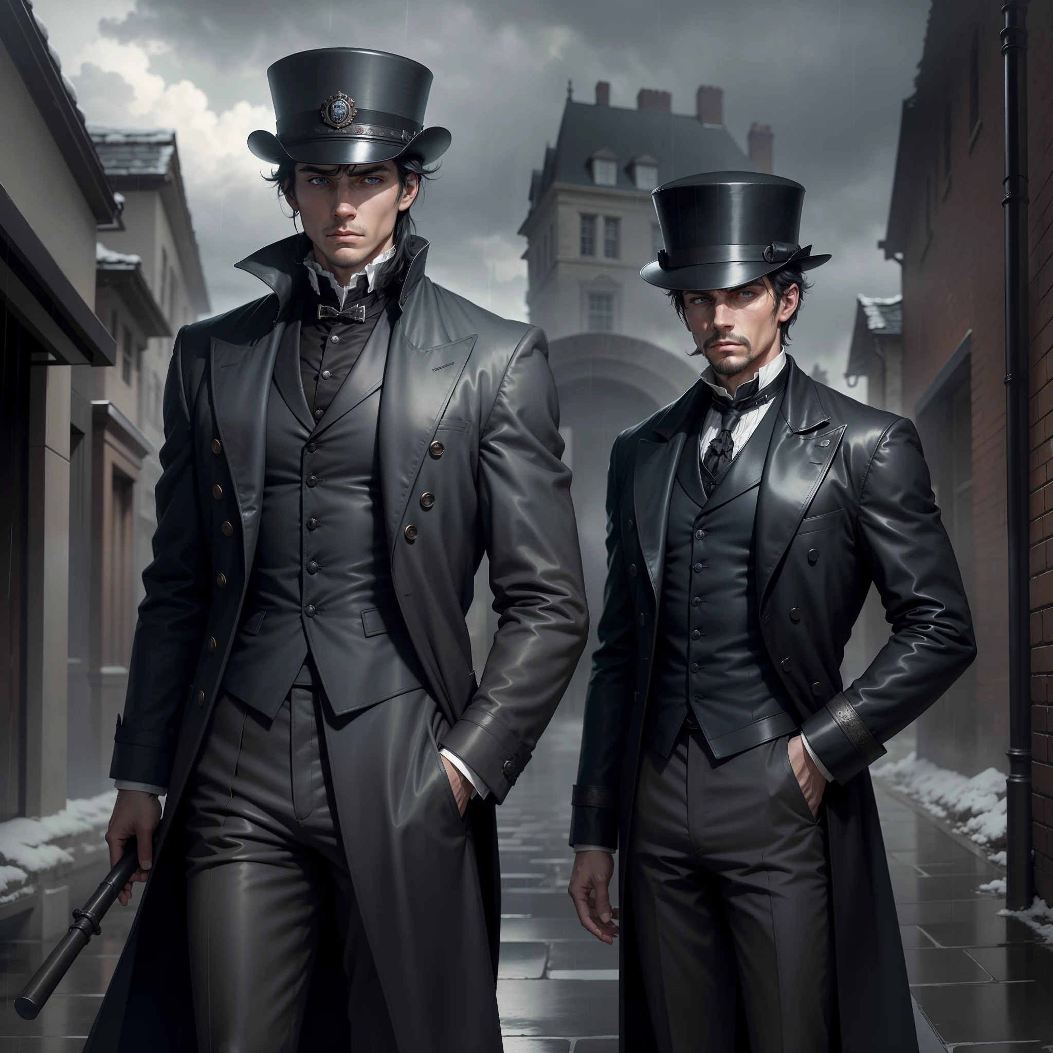 three people in costumes standing on a street corner, inspired victorian sci - fi, style is a blend of æon flux, tintype, in style of paolo roversi, nineteenth century london, style of cyberpunk 2 0 7 7, adornment, still image from the movie, character selection screen, steampunk monocle --auto --s2