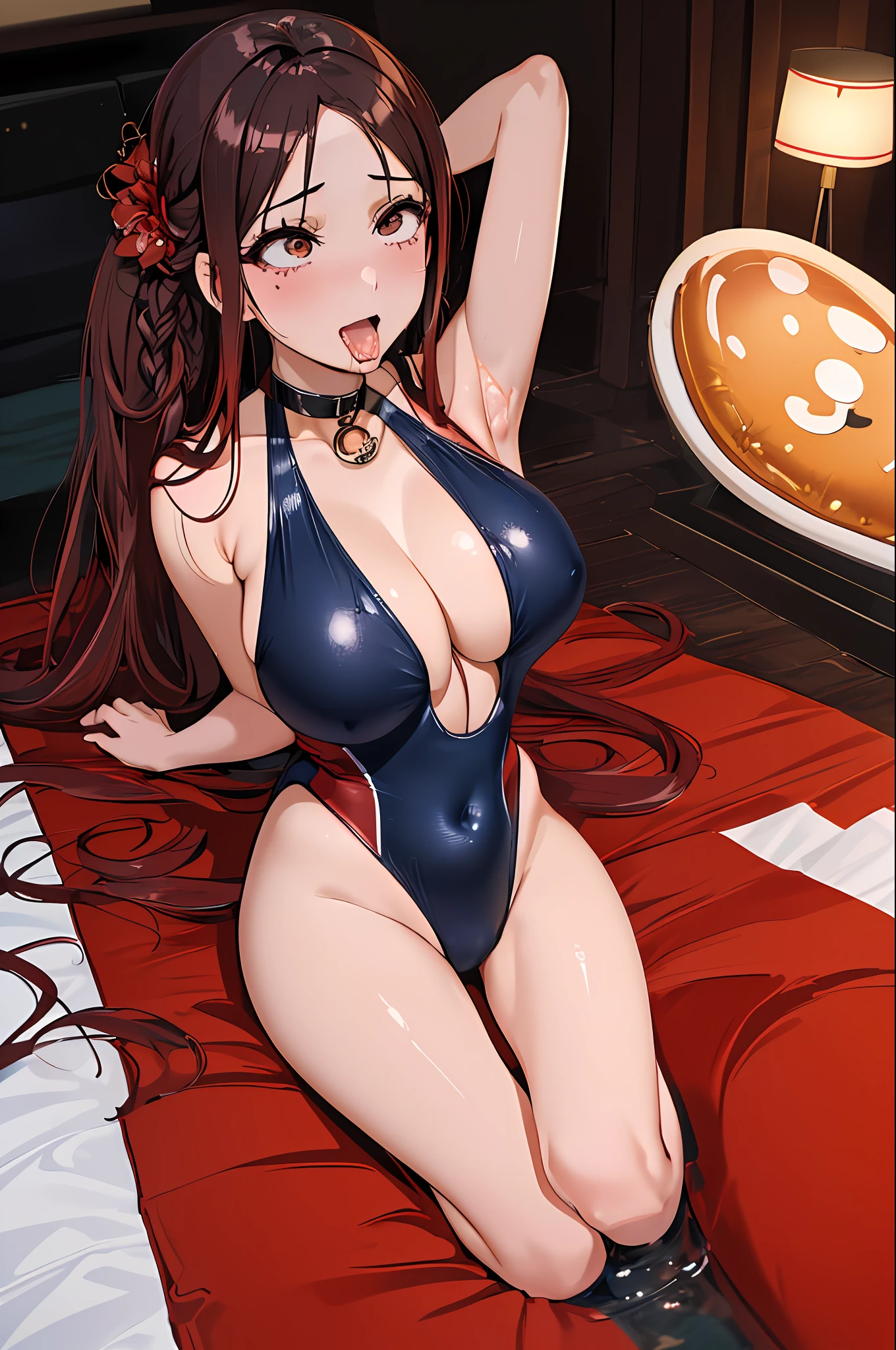 1 girl in、(Colossal tits:1.5)、The upper part of the body、(realisitic:1.7)、((top-quality))、(超A high resolution)、(Photorealsitic:1.6)、Photorealsitic、octane renderings、(hyper realisitic:1.2)、(photorealiscic face:1.2)、(8K)、(4K)、(masterpiece)、(realistic skin textures)、(illustratio、电影灯光)、(Brown eyes)、(beautidful eyes:1.2)、((((face perfect))))、(Ahegao:1.5)、sticking out the tongue、red blush、full of shyness、(cute little)、(Braid hair)、(((The color of the one-piece swimsuit is black)))、 (onepiece swimsuit)、Raising both arms、sexy pose、Spread your legs apart、Opening legs、Bedrooms