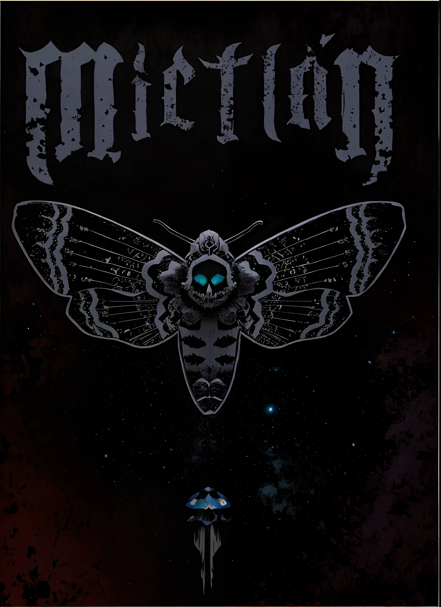 Una imagen en blanco y negro de una polilla con una calavera en ella, cosmic horror entity with wings, cielo negro, Chtulhu, skull design for a rock band, Psychic TV Concert, insectoide, Ilustraciones oficiales del cartel, polilla, La corona de la polilla, Heavy metal t-shirt design, Cosmic horror illustration, Vanta Negro, dark illustration, Mothman, psychedelic cosmic horror