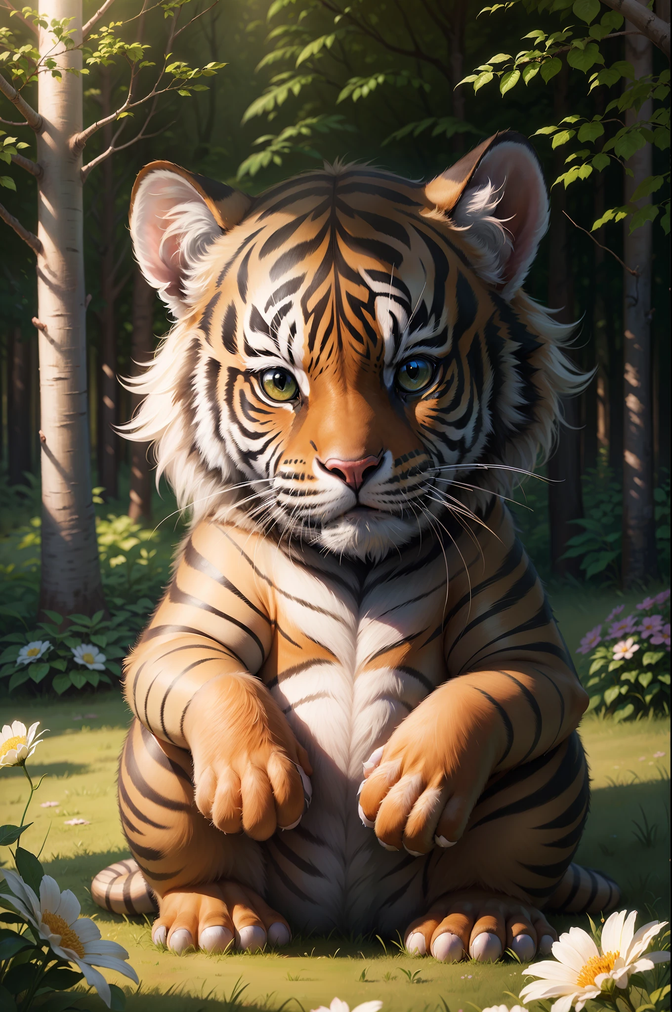 epic realistic photography, A drawing of a cute  (tigre) surrounded by beautiful flowers and trees in a forest clearing