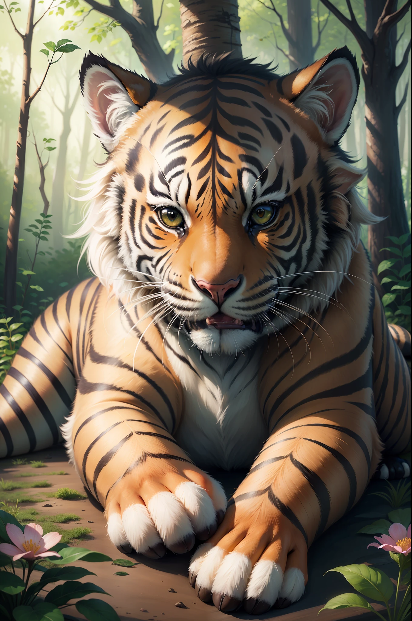 epic realistic photography, A drawing of a cute baby (tigre) surrounded by beautiful flowers and trees in a forest clearing