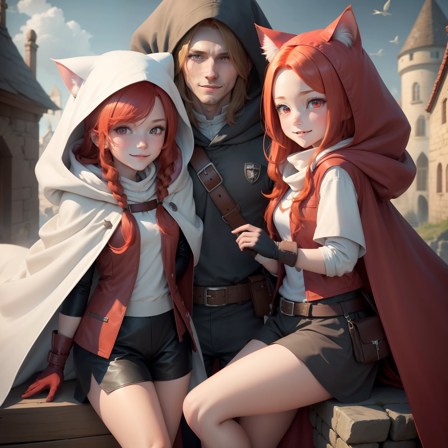 Redhead, Long hair, Red eyes, Kizi, White hooded cape, Black shorts, Light brown vest, Adventurers from another world，Cat's paw gloves, High quality, Top quality, Town, City, western castle, Blue sky, Smile, Cute, :D