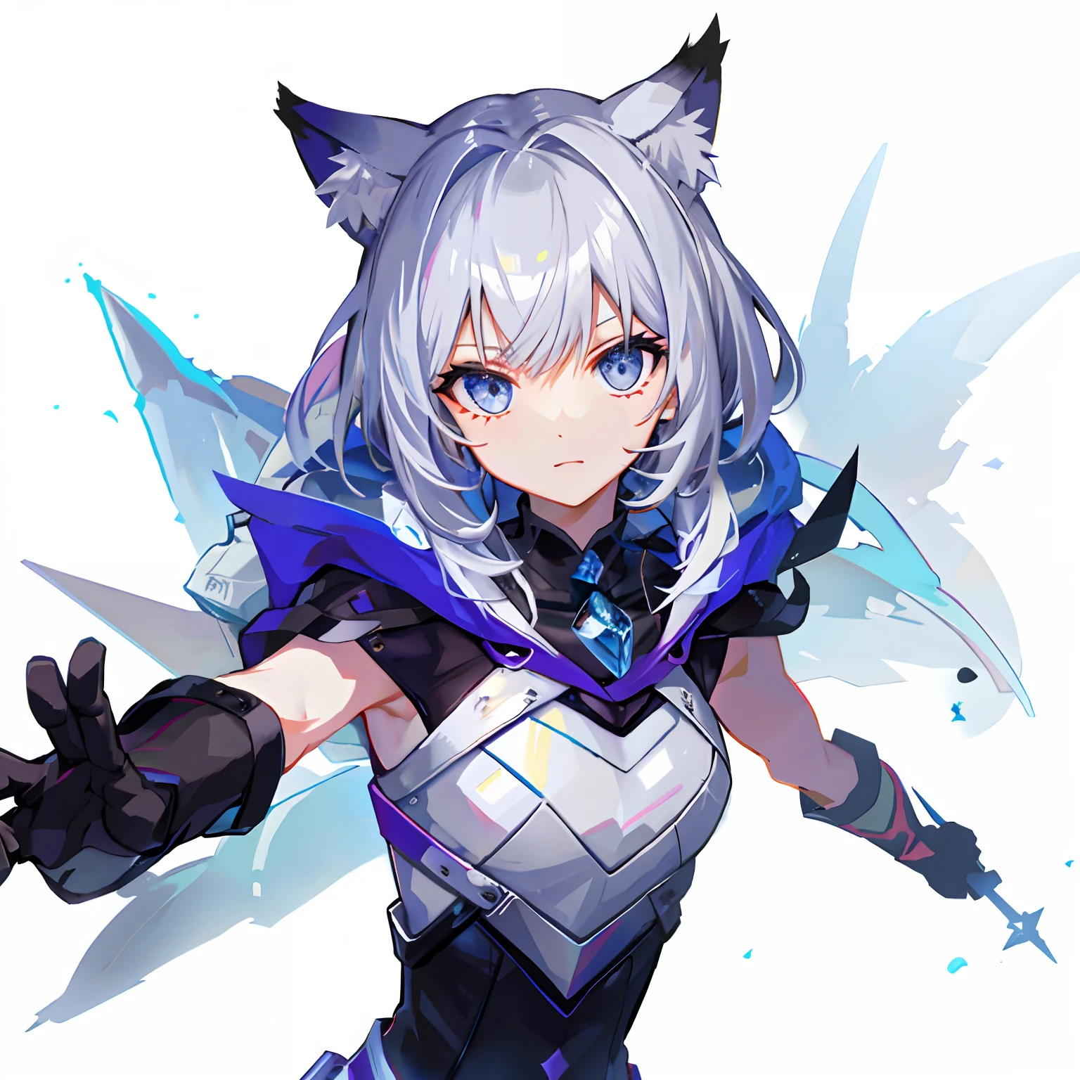 4k, masterpiece, perfect face, high res, ultrasharp, 8K, masterpiece, danbooru, solo, anime girl, black revealing leotard, sigma megaman x cloak, small breasts, wide hips, smiling, looking at viewer, armored shins, cameltoe, tall, fully dressed in very warm and sexy outfit, oversized cloak, ultra high collared cloak, blue eyes, virtual youtuber, cat ears, streaked hair, white hair, embarrased, short hair, expressive, dark bodysuit, neon, cyberpunk, , looking at viewer, chibi, kawaii, full body, epic pose, dynamic pose