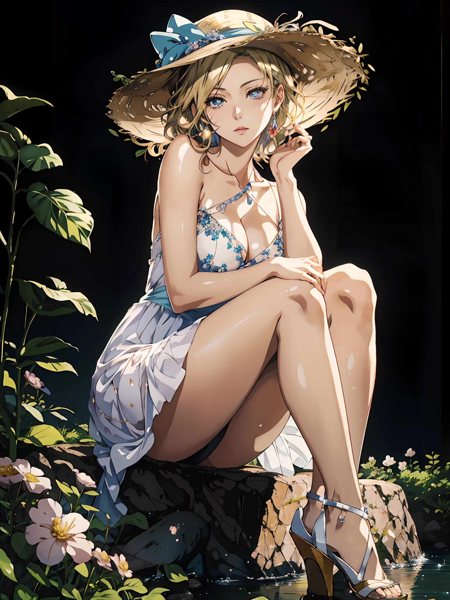 There was a woman sitting on a rock,With a hat on, beautiful and seductive anime woman, seductive anime girls, Beautiful anime woman, photorealistic anime girl rendering, Beautiful anime girl, yoshitakka amano karol bak, Smooth anime CG art, beautiful anime girl crouching, style of hajime isayama, Beautiful anime artwork