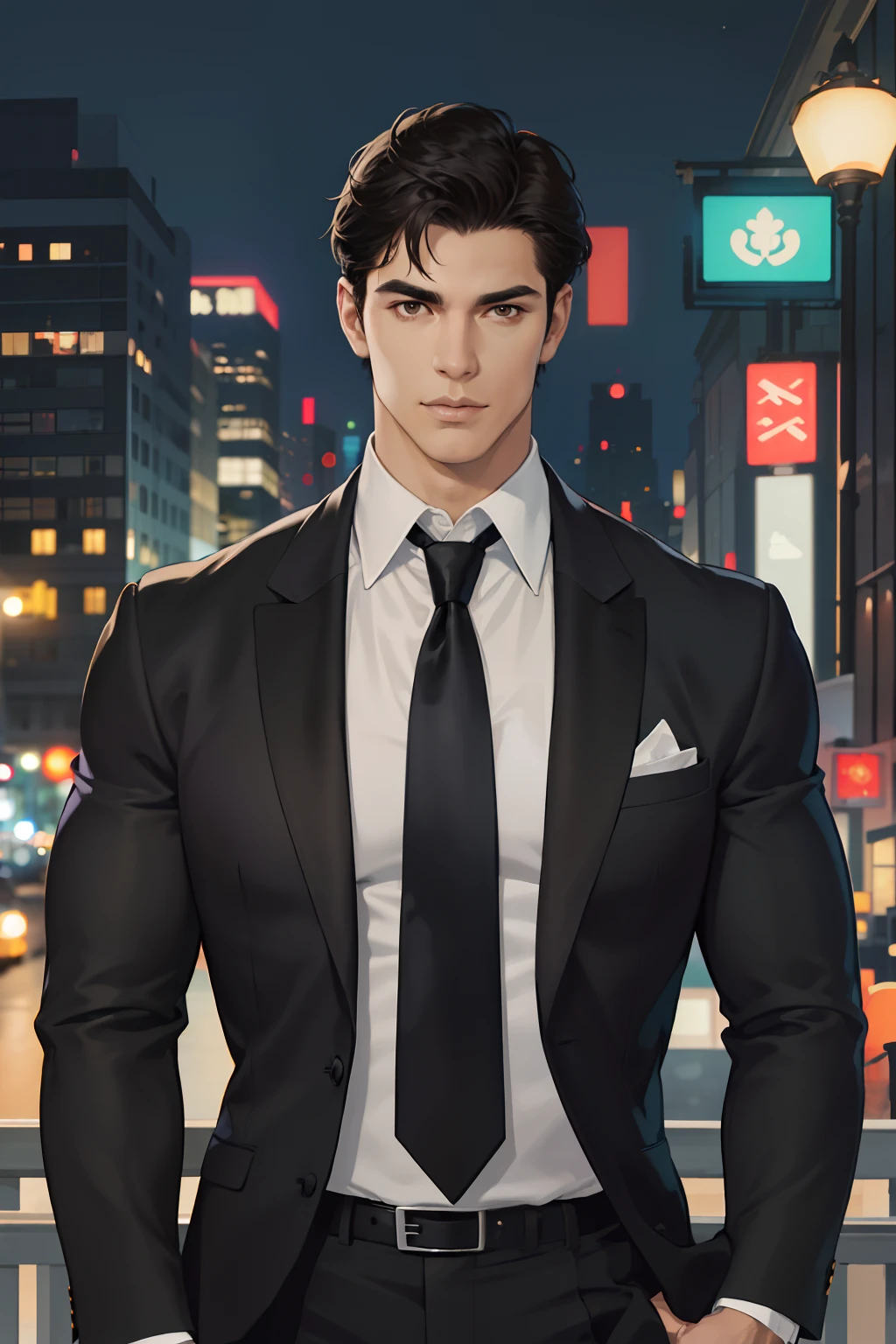 (absurdres, highres, ultra detailed, realistic, ), 1 male, solo, adult, mature, tall muscular guy, broad shoulders, handsome, very short hair, black hair, brown eyes, angular jaw, thick neck, thick eyebrows, night, dark, the night view of the city background, formal suit, necktie, upper body
