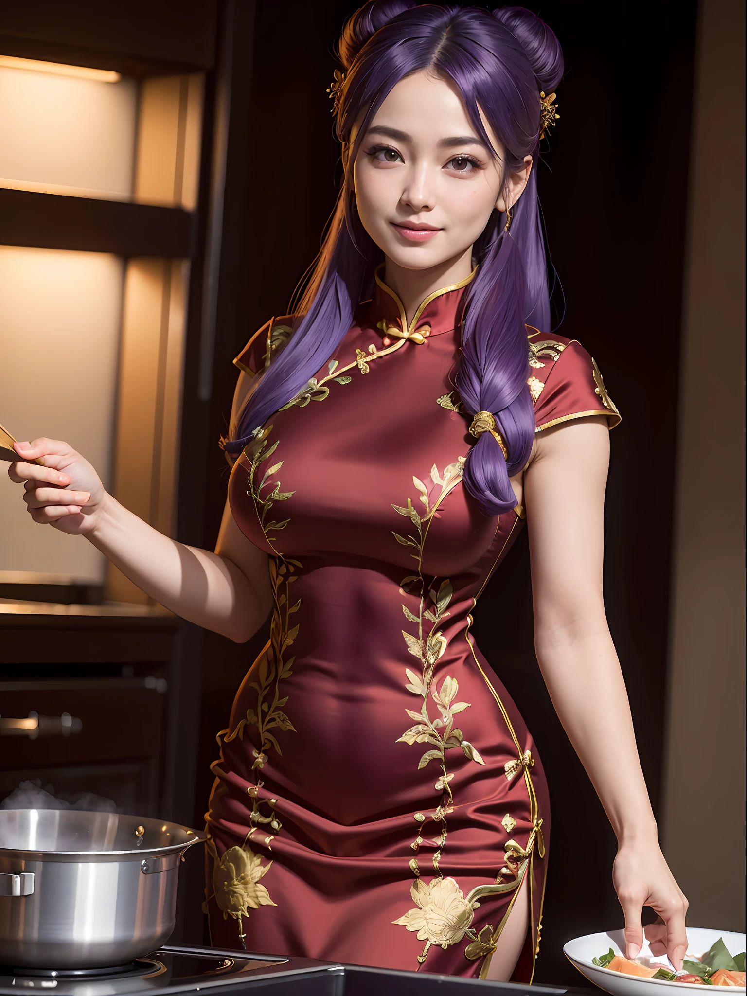 ((Masterpiece)), (high resolution:1.4), shampoowaifu, chinese dress, (red chinesse dress:1.5), (standing:1.5), (purple hair:1), (cooking:1.5), restaurant kitchen background, sexy smile, beautiful face, highly detailed skin, skin pores,(highly detailed face:1.1), (highly detailed eyes:1.1), realistic pupils, full face blush, full lips, (perfect anatomy:1.1), (perfect proportions:1.1), (photography:1.1), (photorealistic:1.1), volumetric lighting, dynamic lighting, real shadows, (highres:1.1), sharp focus, (realistic, hyperrealistic:1.4), intricate, high detail, dramatic, subsurface scattering, big depth of field, vivid, polished, sharpened, ((full Sharp)), (extremely absurdres),16k hdr,