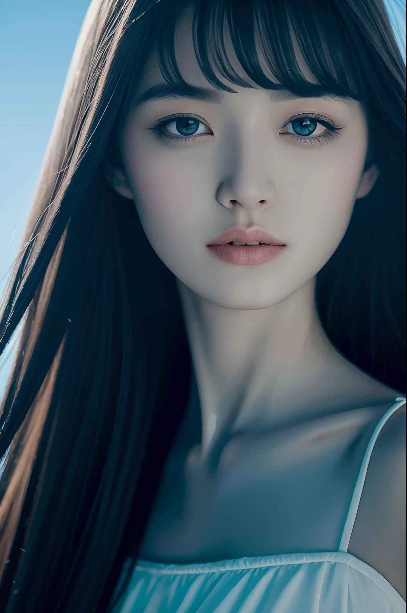 (detailed and realistic portrait of a girl with a clean face), (round eyes and long flutters hair shot outside),staring at camera,magical photography, dramatic lighting, photo realism, ultra-detailed,
intimate portrait composition, (centered image composition),(close up shot:1.6),best quality,f/1. 8, 85mm,
(28years asian woman), black_hair,(black_eyes:1.2),(bangs),makeup,white_dress,
(hazy blue_sky_background)