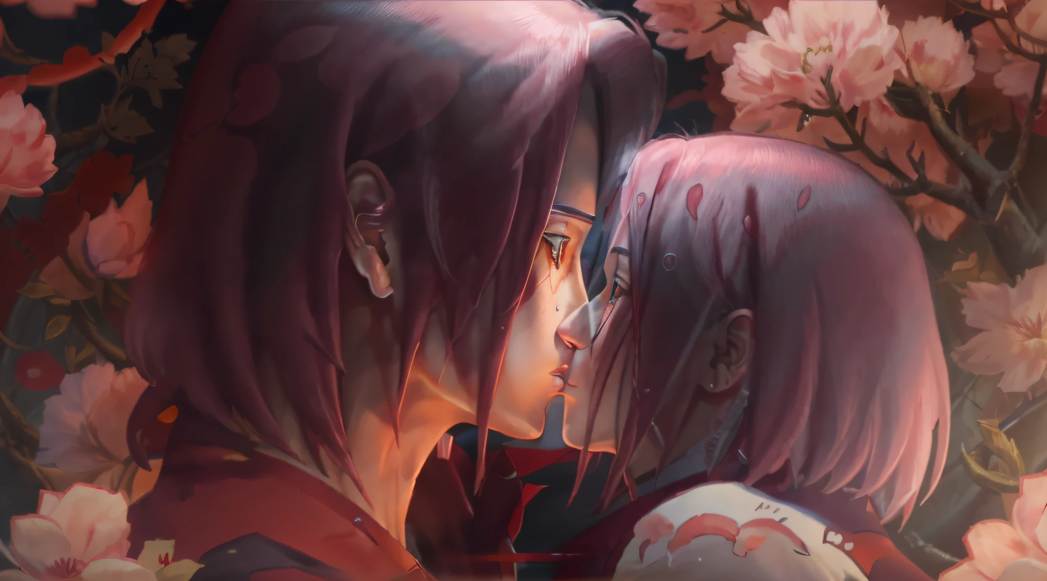 sakura haruno and itachi uchiha, kissing, soft lighting, photo-realism, 8k