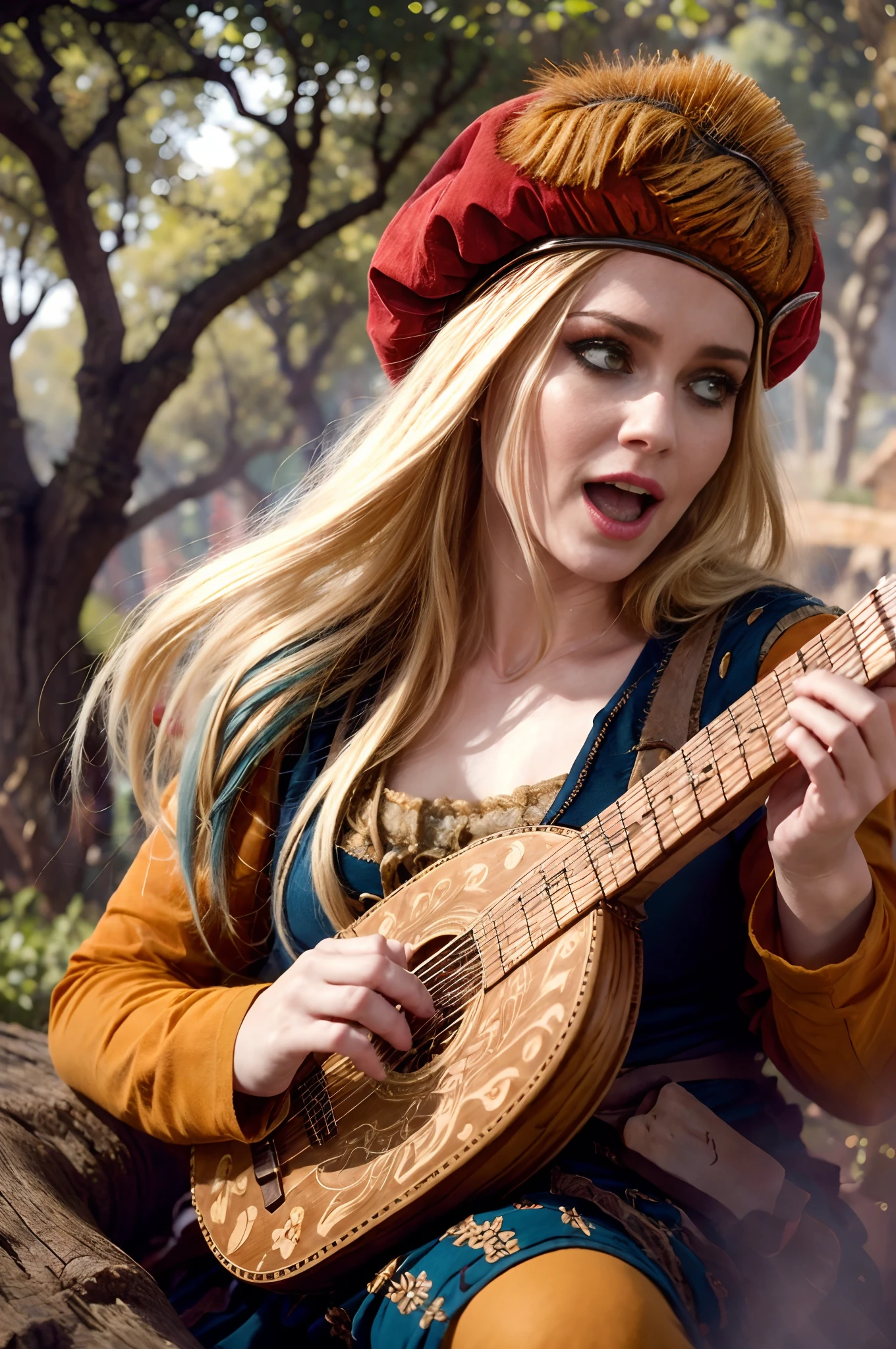 the essence of a beautiful female bard with meticulous attention to detail, this scene portrays a solo enchantress with cascading long hair, an open mouth singing tales of old. Her blonde hair shimmers beneath a charming red hat as she sits gracefully upon a rustic tree stump, fingers gracefully strumming a lute, weaving melodies that stir the soul