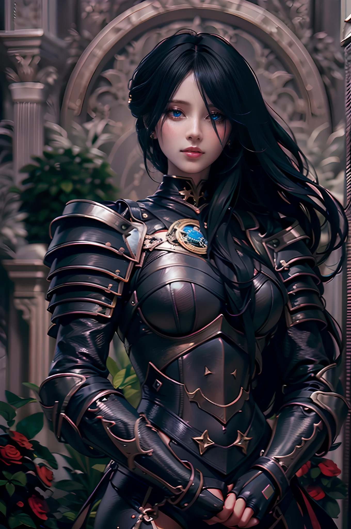 (top-quality),(unrealengine5)Allahed woman in armor posing in front of a building, of a beautiful female knight, fantasy paladin woman, Gorgeous Female Paladin, beautiful female knight, girl in knight armor, 2. 5 d cgi anime fantasy artwork, Beautiful armor, armor girl, stunning armor, wearing fantasy armor, pale black armor, portrait knight female, portrait knights of zodiac girl