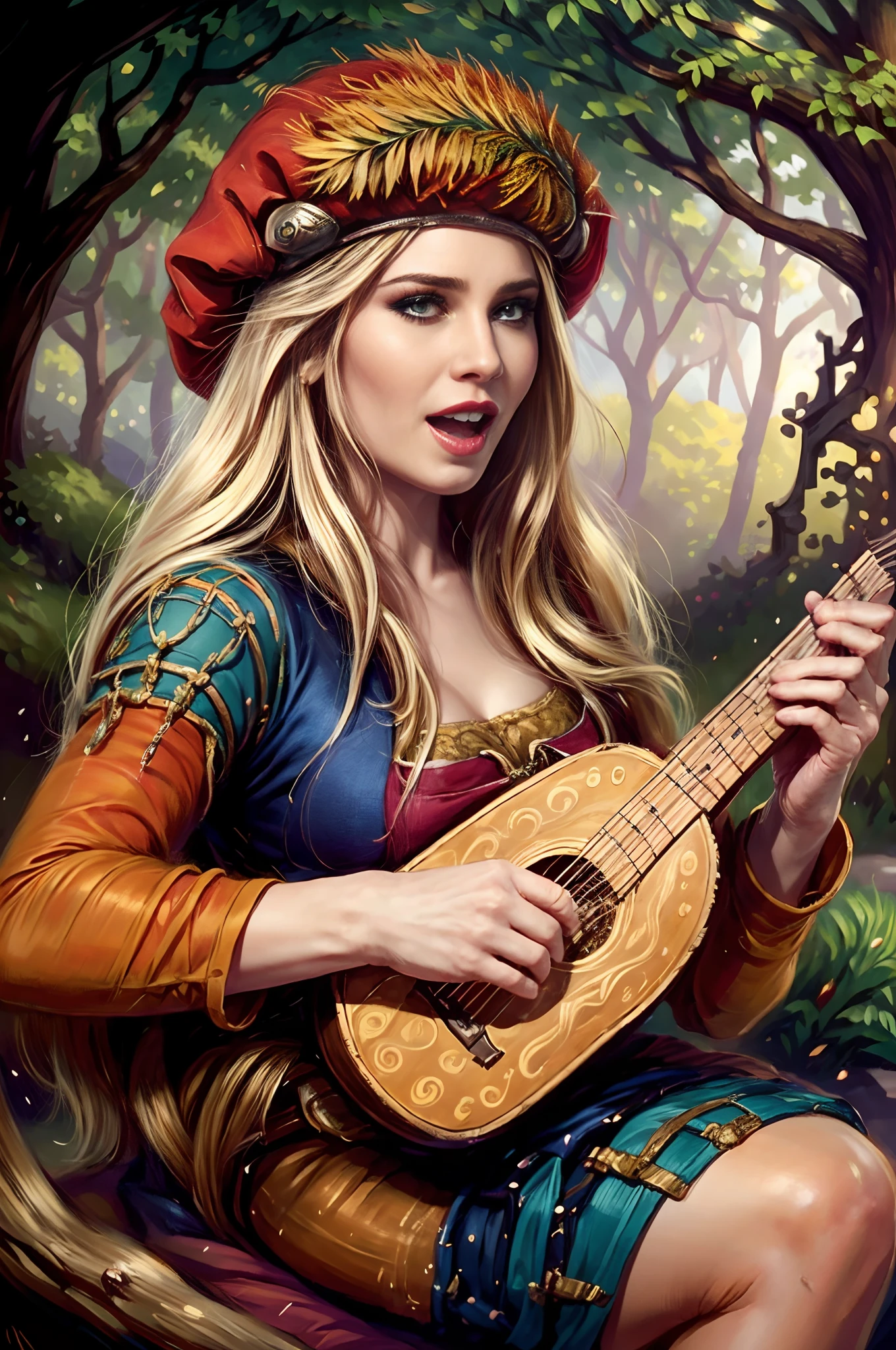 the essence of a beautiful female bard with meticulous attention to detail, this scene portrays a solo enchantress with cascading long hair, an open mouth singing tales of old. Her blonde hair shimmers beneath a charming red hat as she sits gracefully upon a rustic tree stump, fingers gracefully strumming a lute, weaving melodies that stir the soul