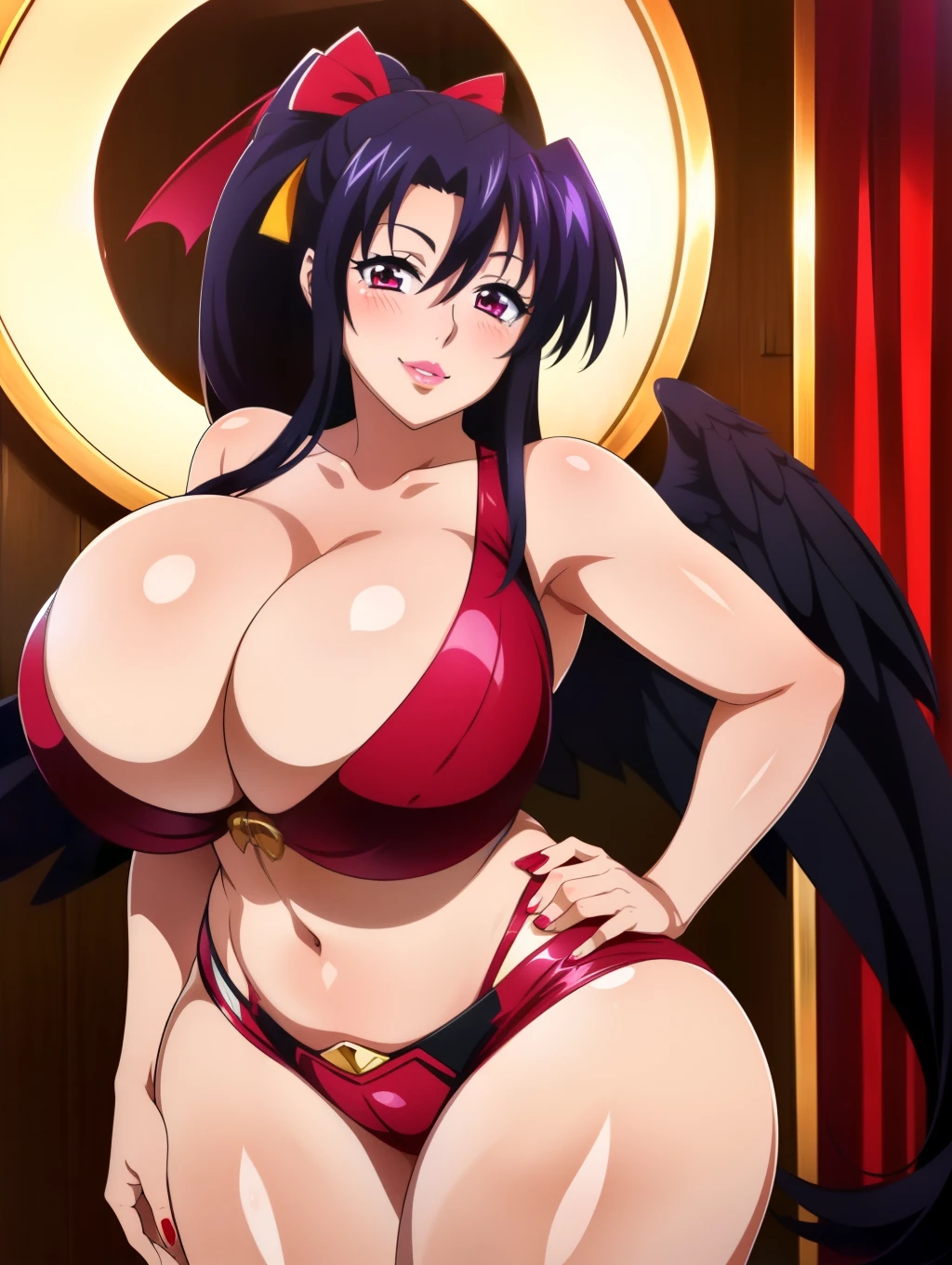Highschool dxd, Akeno Himejima, 1girl, (((bimbo))), puffy lips, painted lips, thick lips, wide hips, thick thighs, black crow wings on back, bursting breast, big ass, revealing cleavage, erotic, Smile face, bubble butt, camel toe, nipples, standing in front of me