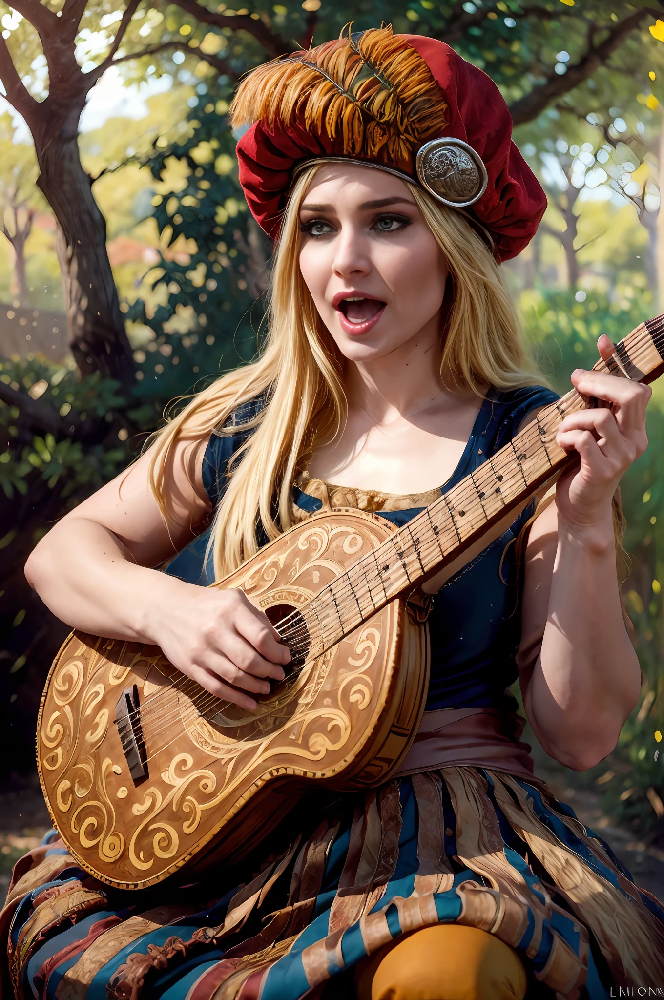 the essence of a beautiful female bard with meticulous attention to detail, this scene portrays a solo enchantress with cascading long hair, an open mouth singing tales of old. Her blonde hair shimmers beneath a charming red hat as she sits gracefully upon a rustic tree stump, fingers gracefully strumming a lute, weaving melodies that stir the soul