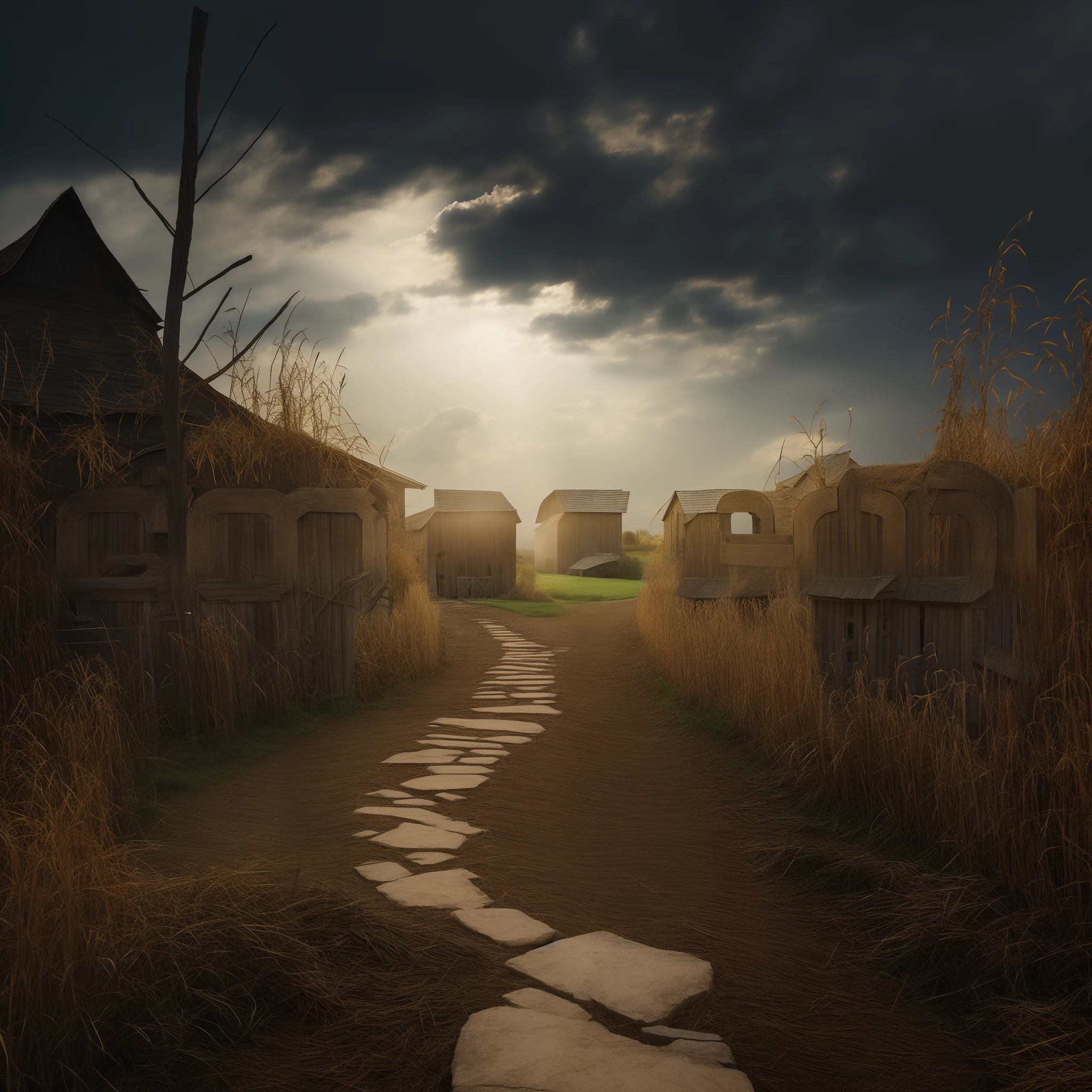 Aerial perspective of a rustic pathway winding towards a charming barn nestled within a golden cornfield.