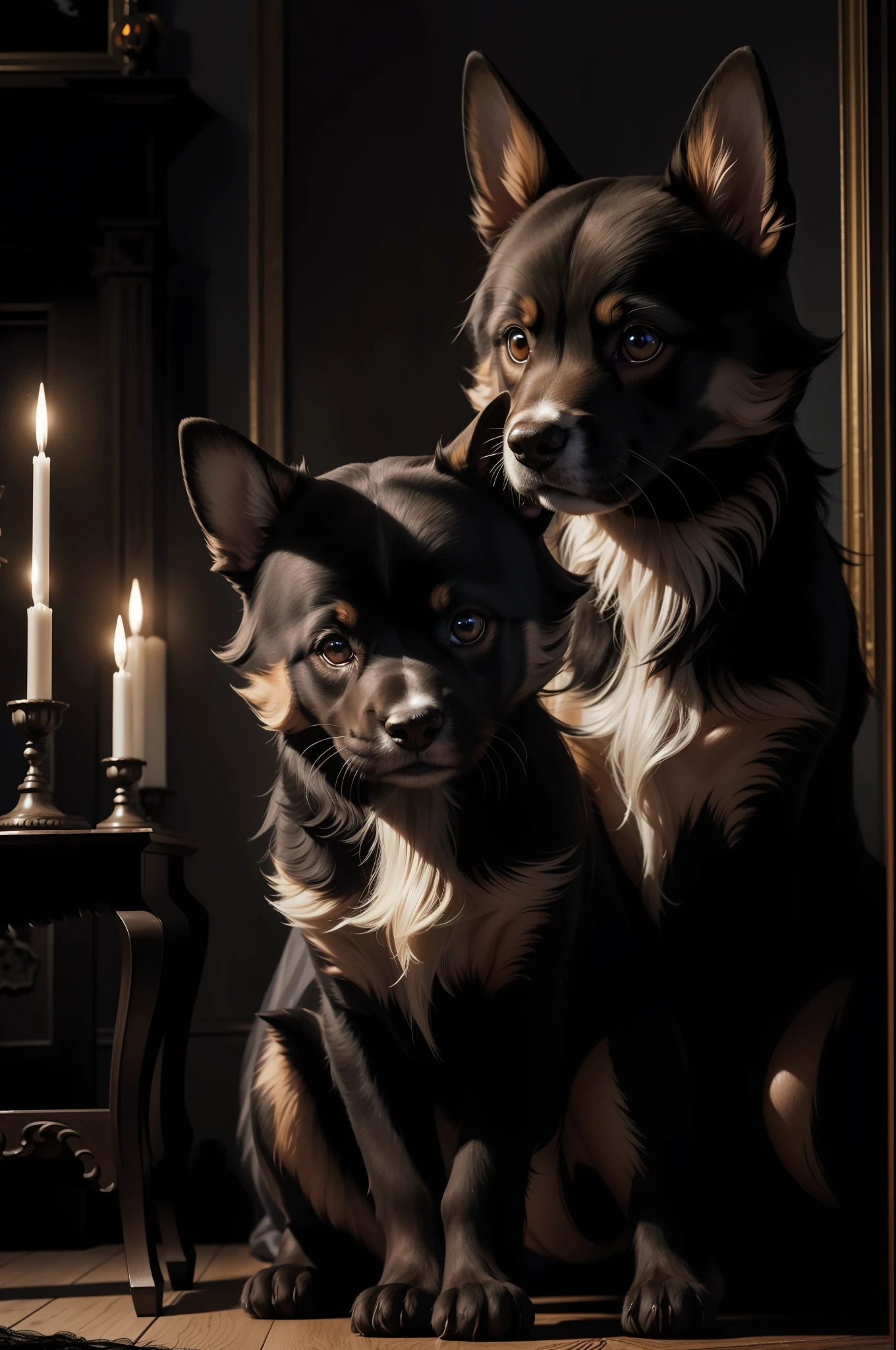 "Hyperrealistic Halloween Puppies" captures the eerie essence of Halloween through astonishingly lifelike digital art. In a hauntingly adorned living room, a woman kneels amid three lifelike puppies. Her expressions mirror the eeriness of the holiday. The puppies shine with photorealistic features – their fur strands, from soft to coarse textures, are meticulously detailed. Light casts eerie shadows on their fur, showcasing photo-realistic mastery. Their eyes glint with spooky curiosity, reflecting the Halloween ambiance. The room is a hyperrealistic masterpiece, from wood grain to spooky decorations, ensuring each detail stands out.