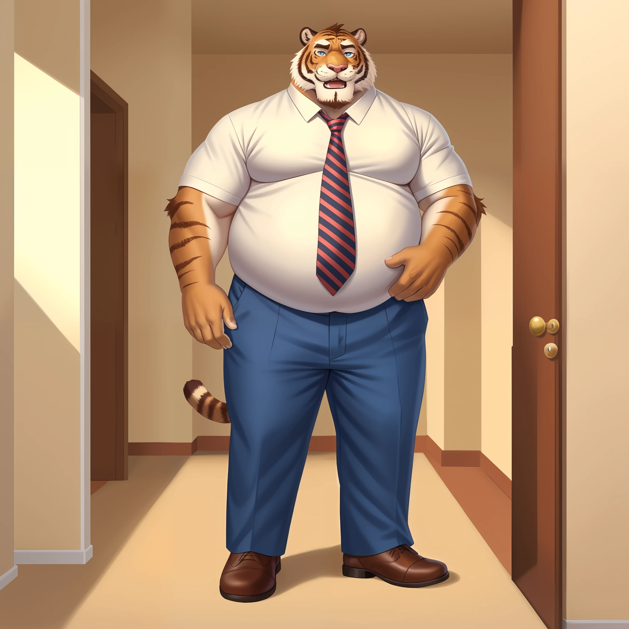 tiger, felid, mammal,5 fingers, anthro, armpit hair, barazoku, beard, thick, belly, big belly, blue eyes, body hair,(white shorts, necktie, dress pants, dress shoes:1.5), rolled up sleeves, brown stripes, brown tail, chest hair, clothed, clothing, eyebrows, facial hair, ,hairy, happy trail, horn, looking at viewer, male, mature male, multicolored body, multicolored fur, multicolored tail, musclegut,navel, obese male,overweight male, pink nose,shirt, solo, striped body, striped fur, striped tail,tail, tail markings, tan body, tan fur, tan tail, indoors,teasing, topwear, two tone tail, , vein, whiskers, white body, white clothing, white fur, white topwear, (hi res, best quality, high quality, detailed, shaded, shading, masterpiece)(by rossciaco, by adios, by grisser,)