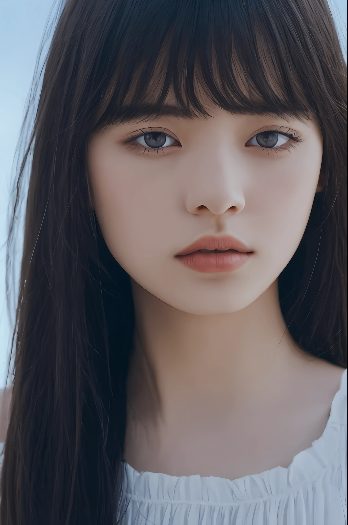 (detailed and realistic portrait of a girl with a clean face), (round eyes and long flutters hair shot outside),staring at camera,magical photography, dramatic lighting, photo realism, ultra-detailed,
intimate portrait composition, (centered image composition),(close up shot:1.6),best quality,f/1. 8, 85mm,
(28years asian woman), black_hair,(black_eyes:1.2),(bangs),makeup,white_dress,
(hazy blue_sky_background)