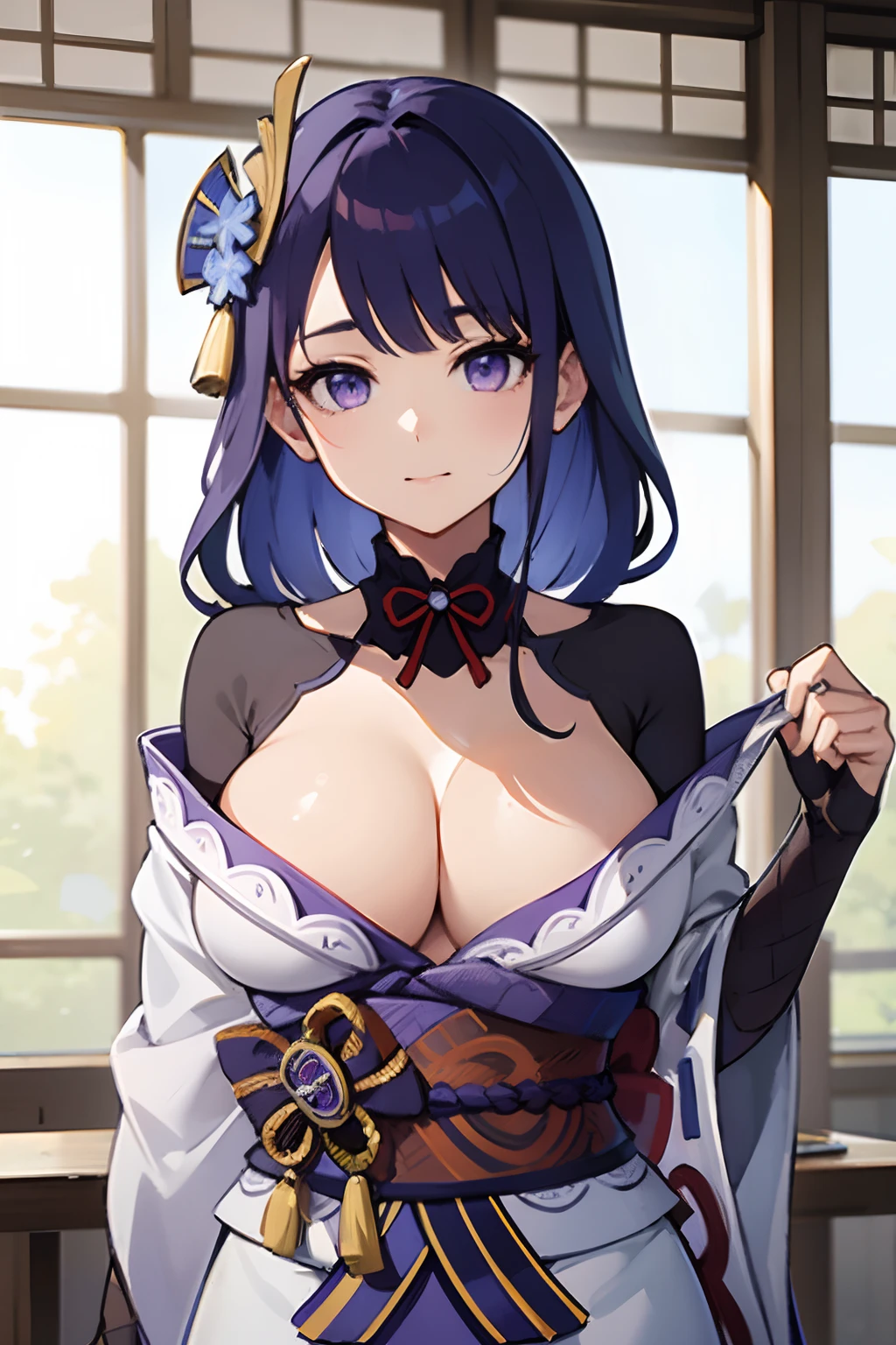 Focus on breast, soft smile, looking from top, Shogun Raiden clothes, shogun Raiden decorations,