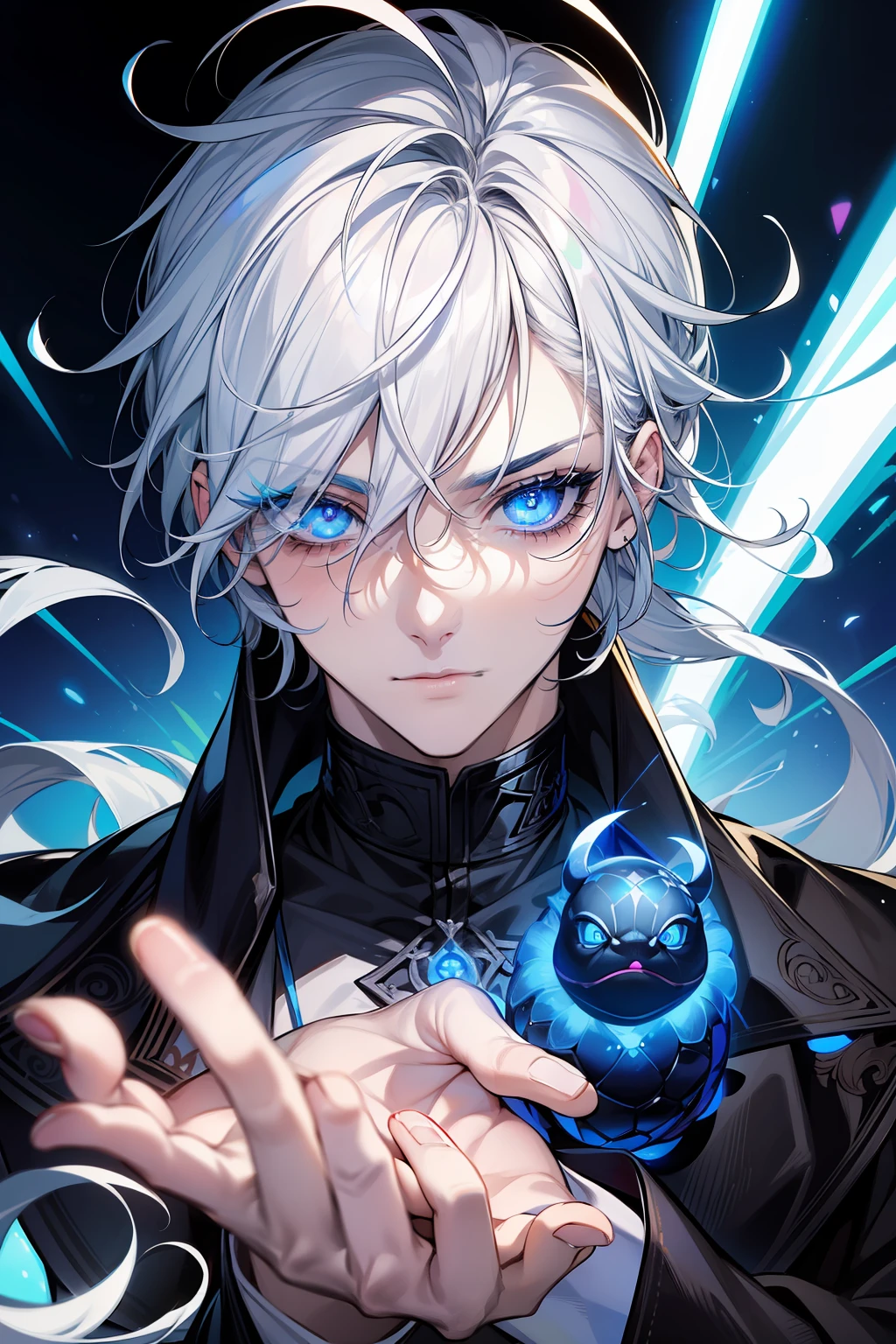 (​masterpiece、top-quality、absurderes)、1 male human、A detailed eye、white  hair，blue eyess,Lower lashes、Black Turtle、The upper part of the body、(fluorescent lamp)、(colourfull)、Back lighting，Only the eyes glow,ciber,Black Sunglasses,