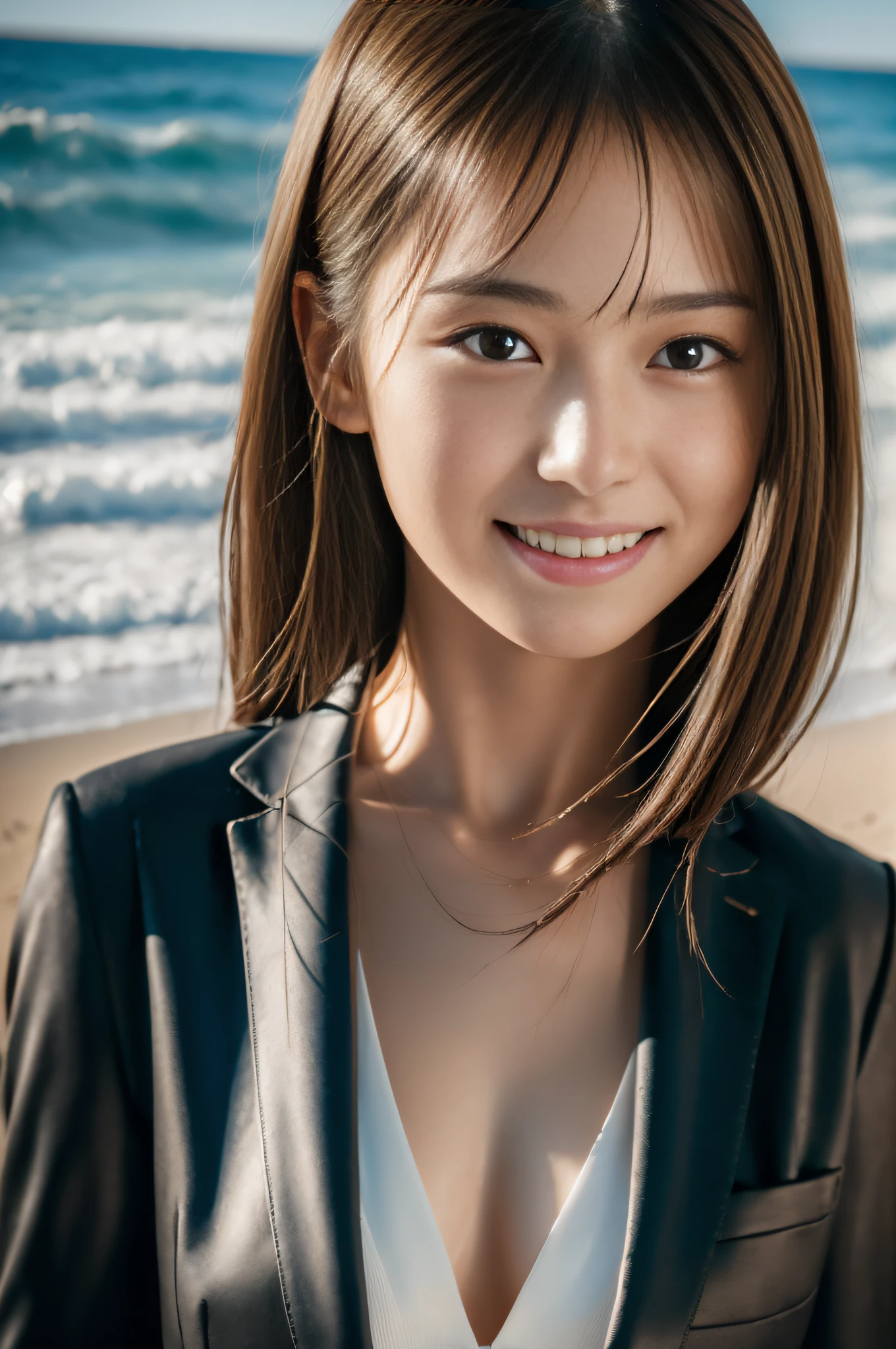 (Masterpiece:1.3), (8K, Photorealistic, Raw photography, Best Quality:1.4), (1girl), Beautiful face, (Realistic face), Beautiful hairstyle, Realistic eyes, Beautiful Details, (Realistic skin), Beautiful skin, Attractive, Ultra high definition, A hyper-realistic, Very detailed, Japanese young actress, medium hair, bangs, (Brown hair), ((Wearing only a suit), gentle smile, collaboration of light and shadow, on the beach