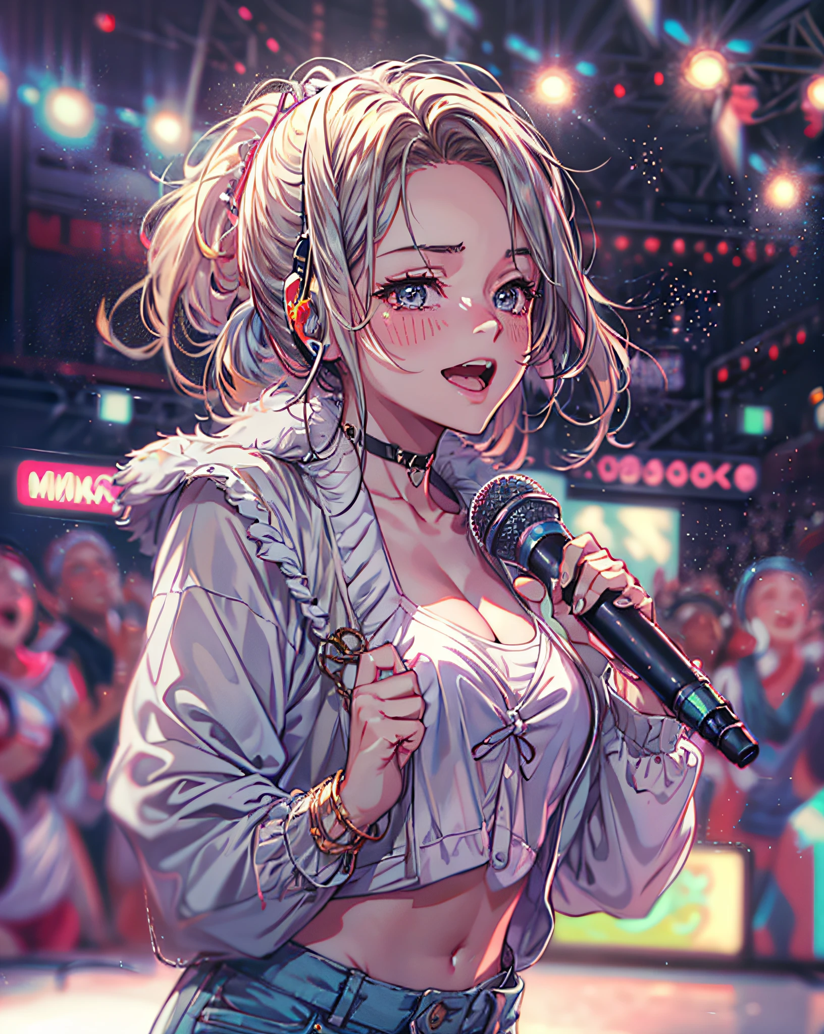 (Anime style:1.3), (Realistic, Photorealistic: 1.37), (Masterpiece, Best Quality: 1.37), (Ultra High Resolution: 1.2), (RAW Photo: 1.2), (Sharp Focus: 1.3), (Face Focus: 1.2), (Ultra Detailed CG Unified 8k Wallpaper: 1.2), (Beautiful Skin: 1.2), (pale Skin: 1.3), (Hyper Sharp Focus: 1.5), (Ultra Sharp Focus: 1.5), ( Beautiful pretty face: 1.3), (Japanese actress face:1.3), (super detailed background, detail background: 1.3), masterpiece, best quality, high res, ultra detailed, hyper sharp, absurdres, detailed face, white skin, real human skin, (detailed face), oval face, pores, from below, low angle, looking down the viewer, ultra high res, (8k, RAW photo, photorealistic:1.4), BREAK, 1girl, slim, (large-breast:1.37, cleavage), Illustration of a scene in which an idol singer is singing enthusiastically on a live stage.
The idol singer is standing in the center of the stage.
The idol singer is wearing a mini-skirt and boots.
The idol singer has her hair up and is wearing a headset.
The idol singer is holding a microphone and singing.
The idol singer's expression is serious and powerful.
The singer's voice is strong and beautiful.
Fans are gathered around the stage.
Fans are singing and dancing along with the idol singers.
The venue is filled with excitement.
This illustration shows the passionate live performance of an idol singer. Fans are fascinated by the idol singer's voice and performance. The venue is filled with excitement and the idol singer's live performance is a success.