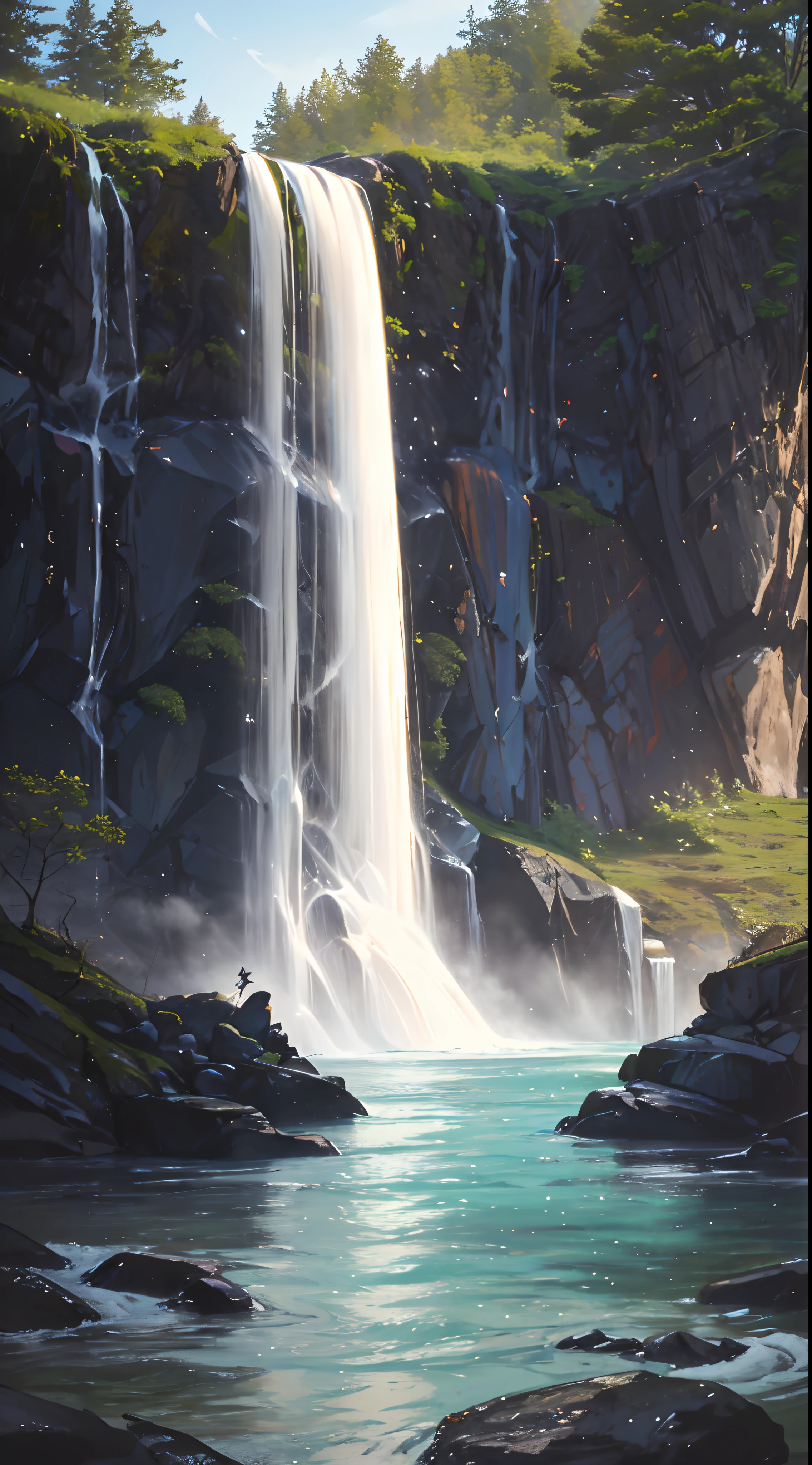 "Transfixed by the scene before me, I'm humbled by the symphony of elements that compose this picturesque waterfall. The water, a shimmering tapestry of liquid silk, tumbles gracefully from an emerald-crowned precipice, each droplet catching the sun's tender caress. The rugged rocks, weathered sentinels of time, cradle the falling torrent with stoic patience, carving pathways for the water's passage.

As the cascade descends, it transforms into a frothy ballet, the churning currents embracing the air with an ethereal mist. Sunbeams dance among the water particles, weaving a delicate veil of rainbow hues that arches across the scene. The soundscape is equally enchanting; the gentle roar of the water harmonizes with the whispers of rustling leaves and distant birdcalls, a serene chorus of nature's song.

With each passing moment, the waterfall paints a fleeting masterpiece, its ever-shifting interplay of light, water, and sound a testament to the artisty of the natural world. Standing here, I am not just an observer, but a participant in this living canvas, humbly capturing the essence of a moment that transcends time."