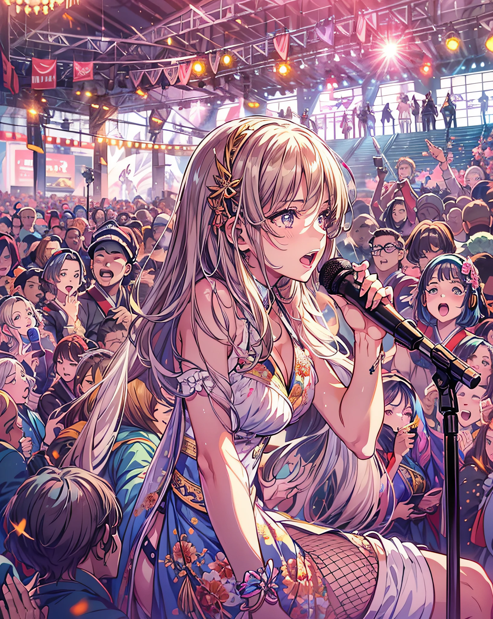 (Anime style:1.3), (Realistic, Photorealistic: 1.37), (Masterpiece, Best Quality: 1.37), (Ultra High Resolution: 1.2), (RAW Photo: 1.2), (Sharp Focus: 1.3), (Face Focus: 1.2), (Ultra Detailed CG Unified 8k Wallpaper: 1.2), (Beautiful Skin: 1.2), (pale Skin: 1.3), (Hyper Sharp Focus: 1.5), (Ultra Sharp Focus: 1.5), ( Beautiful pretty face: 1.3), (Japanese actress face:1.3), (super detailed background, detail background: 1.3), masterpiece, best quality, high res, ultra detailed, hyper sharp, absurdres, detailed face, white skin, real human skin, (detailed face), oval face, pores, from below, low angle, looking down the viewer, ultra high res, (8k, RAW photo, photorealistic:1.4), BREAK, 1girl, slim, (large-breast:1.37, cleavage), Illustration of a scene in which an idol singer is singing enthusiastically on a live stage.
The idol singer is standing in the center of the stage.
The idol singer is wearing a mini-skirt and boots.
The idol singer has her hair up and is wearing a headset.
The idol singer is holding a microphone and singing.
The idol singer's expression is serious and powerful.
The singer's voice is strong and beautiful.
Fans are gathered around the stage.
Fans are singing and dancing along with the idol singers.
The venue is filled with excitement.
This illustration shows the passionate live performance of an idol singer. Fans are fascinated by the idol singer's voice and performance. The venue is filled with excitement and the idol singer's live performance is a success.