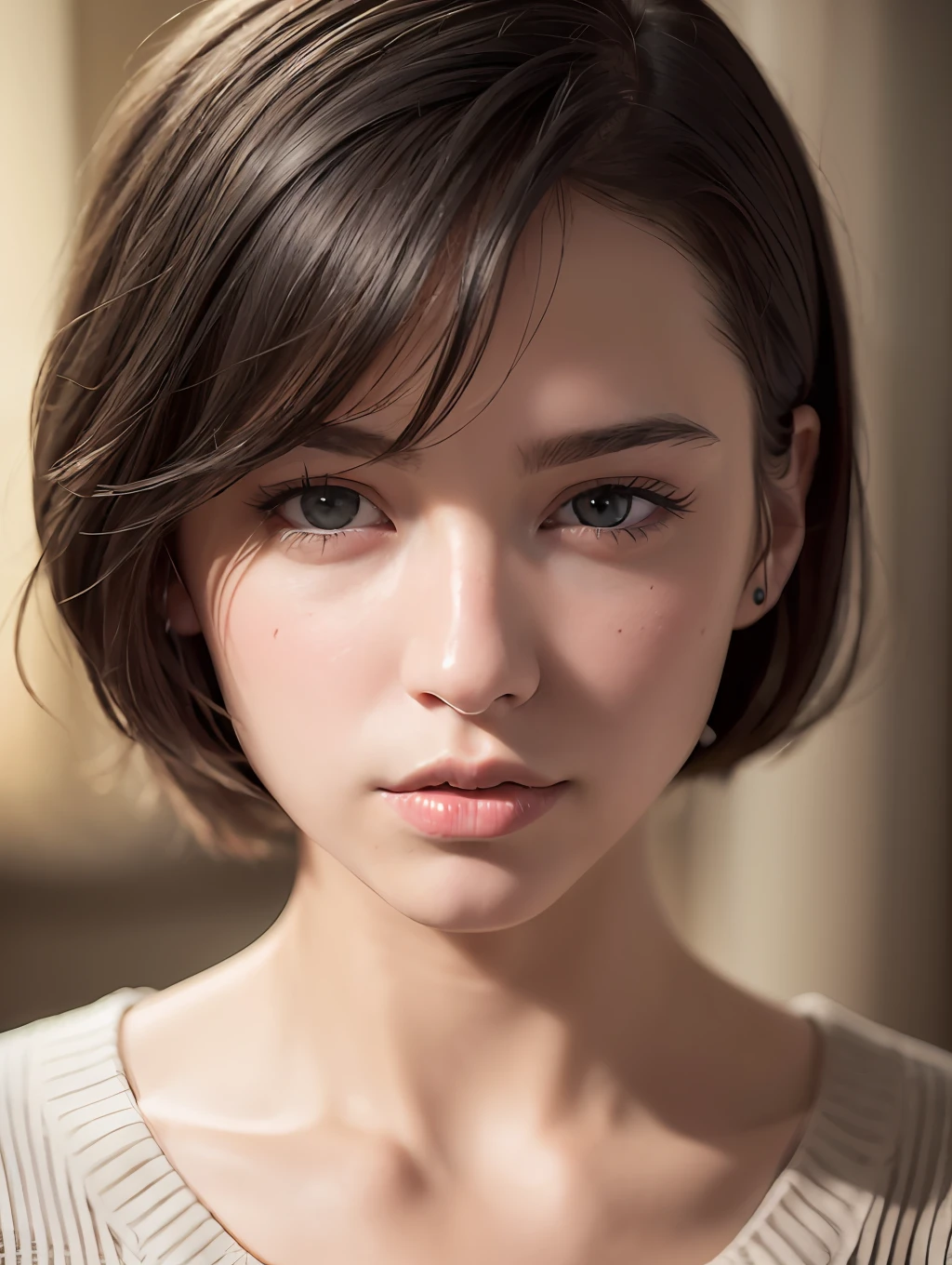 (masterpiece:1.3), (8k, photorealistic, RAW photo, best quality: 1.4), (1girl), beautiful face, (realistic face), (black hair, short hair:1.3), beautiful hairstyle, realistic eyes, beautiful detailed eyes, (realistic skin), beautiful skin, (sweater), absurdres, attractive, ultra high res, ultra realistic, highly detailed, golden ratio
