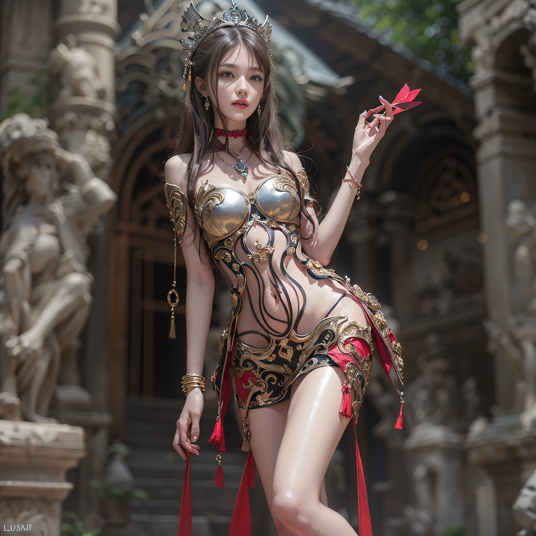 ((masterpiece:1.4)、(top-quality:1.4)、(reallistic:1.7))、Beautiful girl strolling in the garden of fantastic ancient city、Sexy Daughter、Super beautiful girl、1girl in:1.4、Dress like a queen、Glossy luxury latex、Luxury Latex Bodysuit、By Luis Royo、age19、Super Ultra Ultra Bikini、Outstanding style、(Two legs are drawn correctly:1.7)、(Two arms:1.4)、anatomical correct、Slender Abs、(beauty legs:1.4)、beautiful countenance、kawaii faces、Beautiful ass、A detailed eye、beautidful eyes、Raw photo、red-lips、Red high heels、a choker、a necklace、耳Nipple Ring、Fantasy of an ancient city、Fantasy worldview