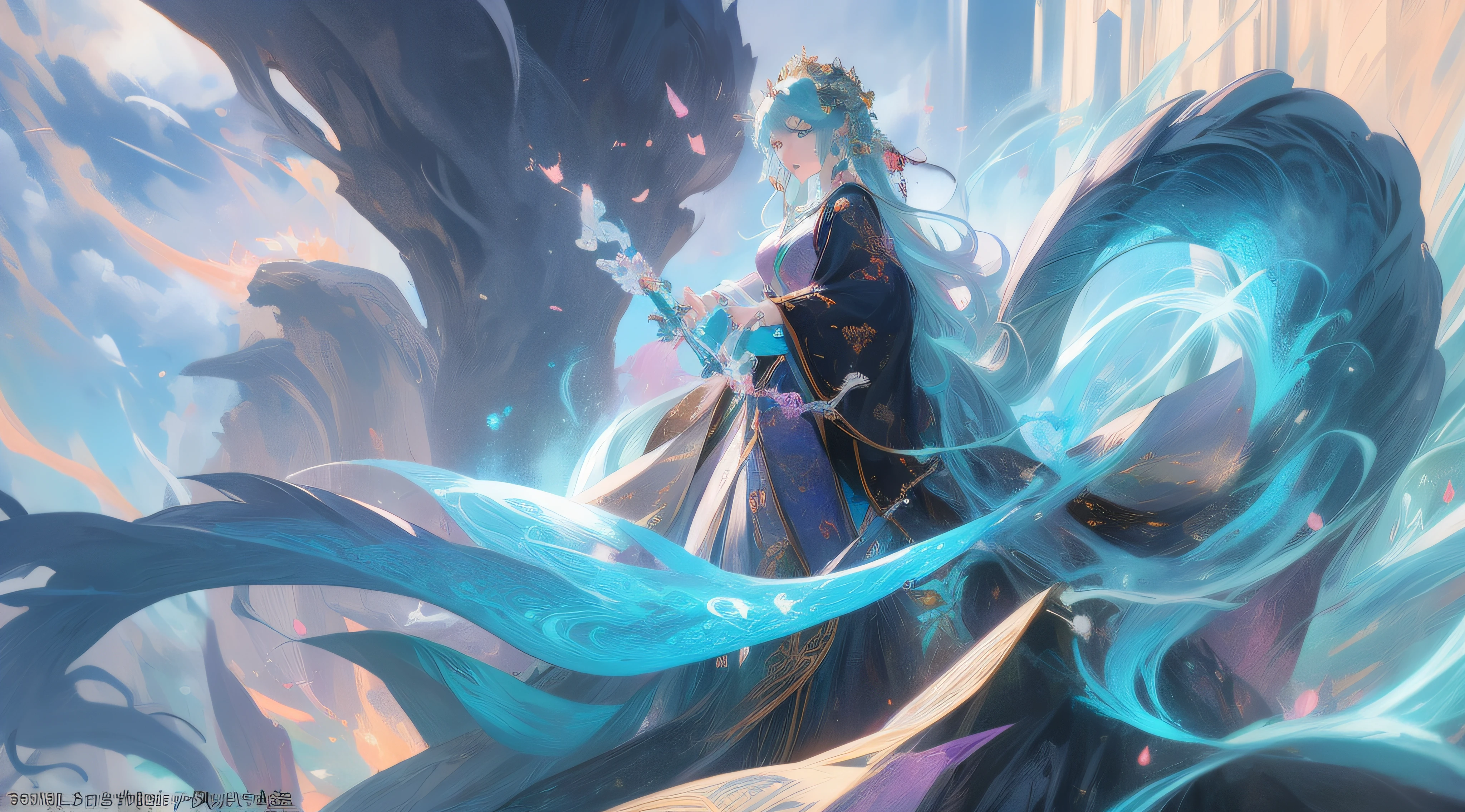 Anime girl sitting on rock,The background is a dragon, Anime fantasy illustration, queen of the sea mu yanling, a beautiful fantasy empress, Anime fantasy artwork, Asian Woman Water Elemental, beautiful fantasy anime, cyan chinese dragon fantasy, Fantasy art style, ((a beautiful fantasy empress)), 2. 5 D CGI anime fantasy artwork, goddess of the sea