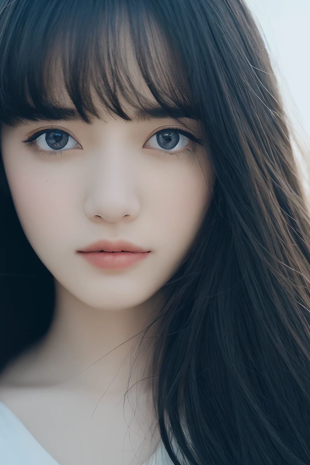 (detailed and realistic portrait of a girl with a clean face), (round eyes and long flutters hair shot outside),staring at camera,magical photography, dramatic lighting, photo realism, ultra-detailed,
intimate portrait composition, (centered image composition),(close up shot:1.6),best quality,f/1. 8, 85mm,
(28years asian woman), black_hair,(black_eyes:1.2),(bangs),makeup,white_dress,
(hazy blue_sky_background)